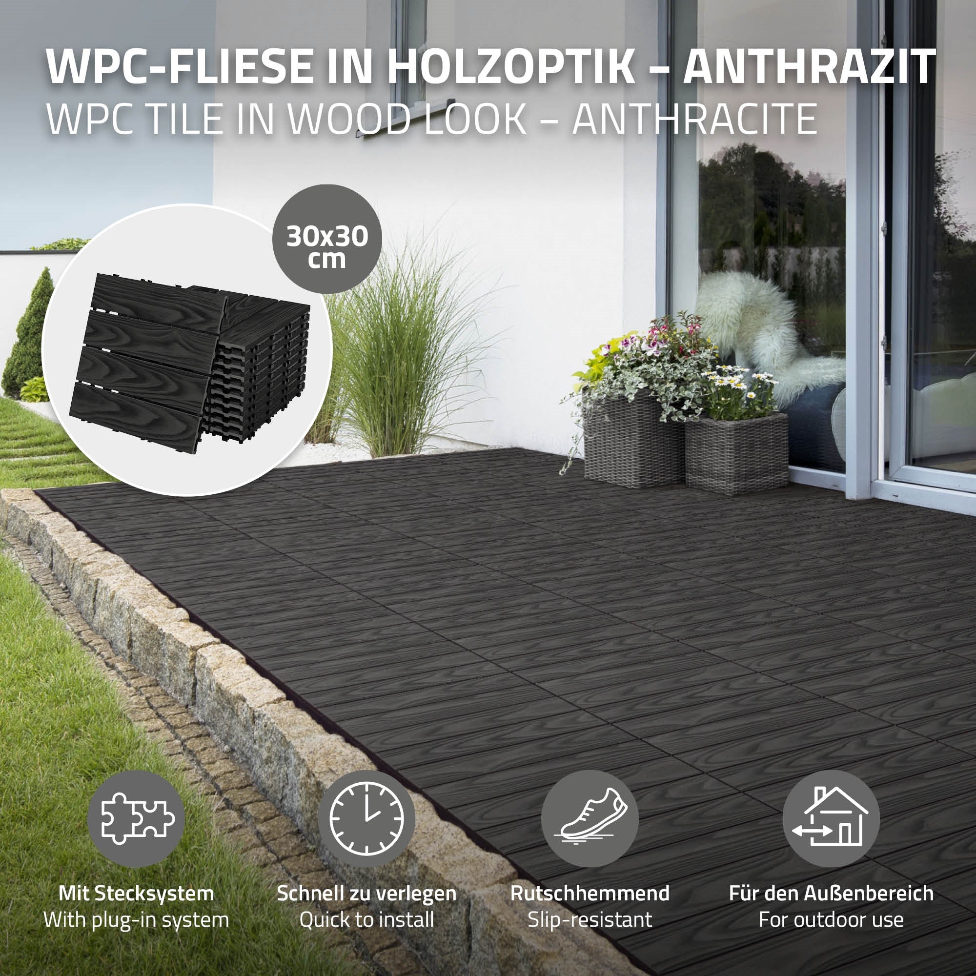 WPC-tegel in houtlook, antraciet, 30x30 cm op een vloerbedekking.