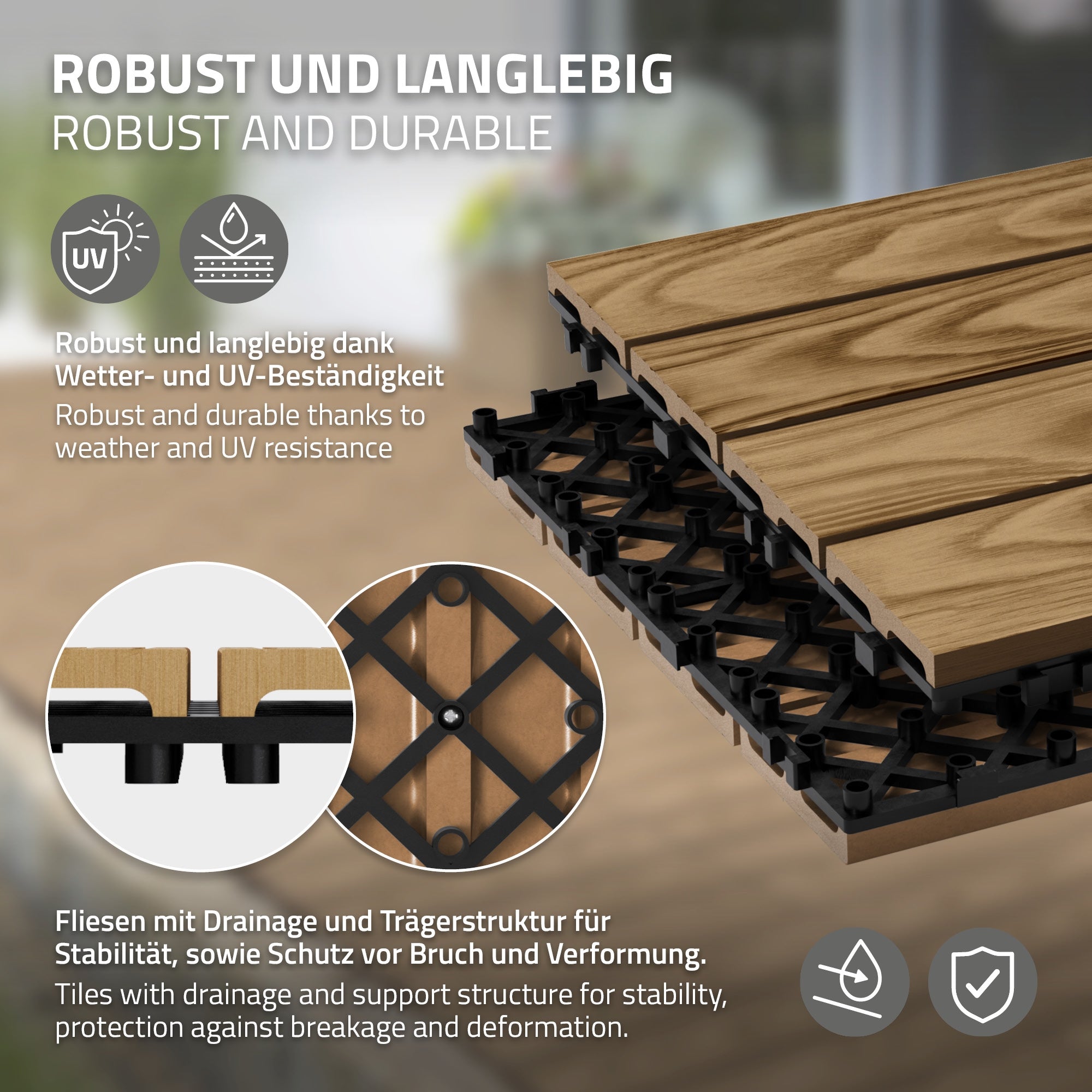 Tegels met drainage en draagstructuur voor stabiliteit en breukbestendigheid.