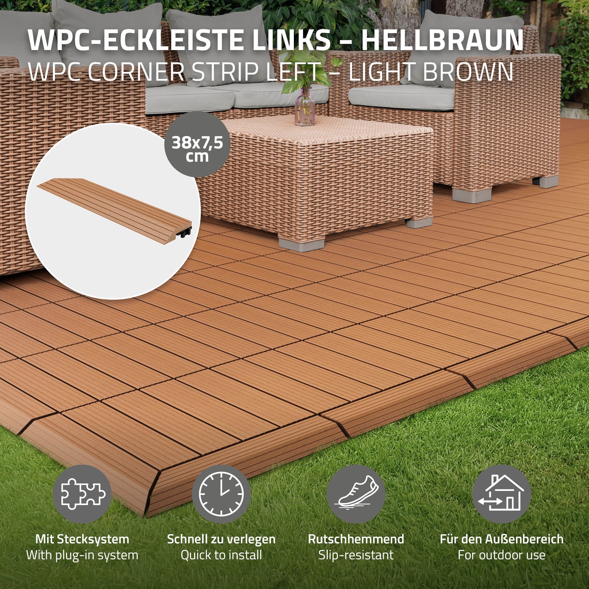 Grafika egy WPC saroklécről bal oldalon, világosbarna színben, méretekkel.