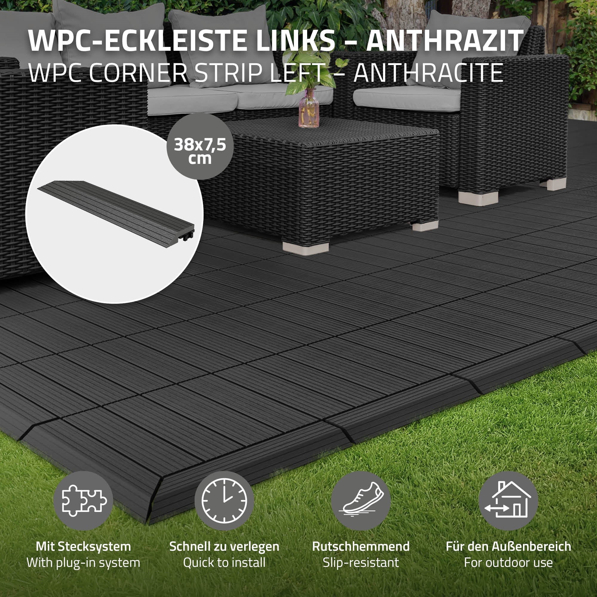 WPC corner trim on the left in anthracite, installed on a floor with furniture.
