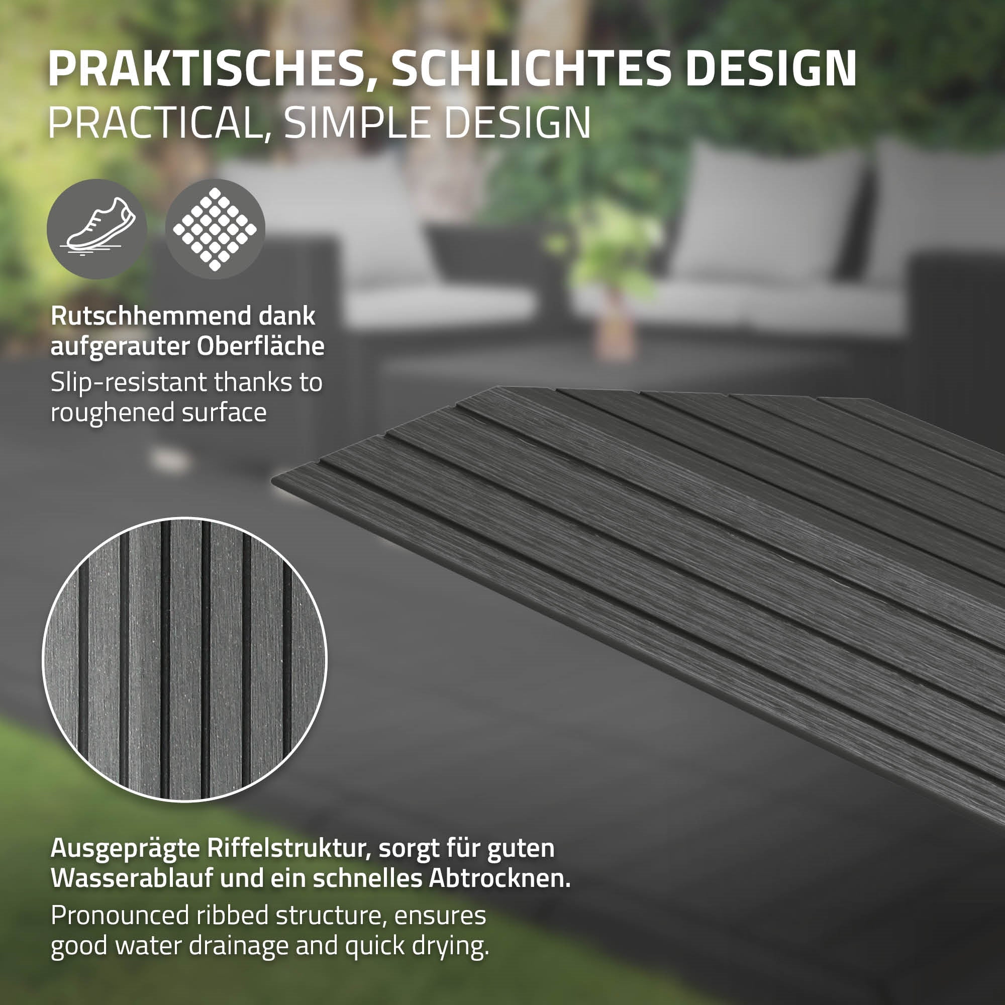 Detailed view of a slip-resistant WPC surface with ribbed structure.