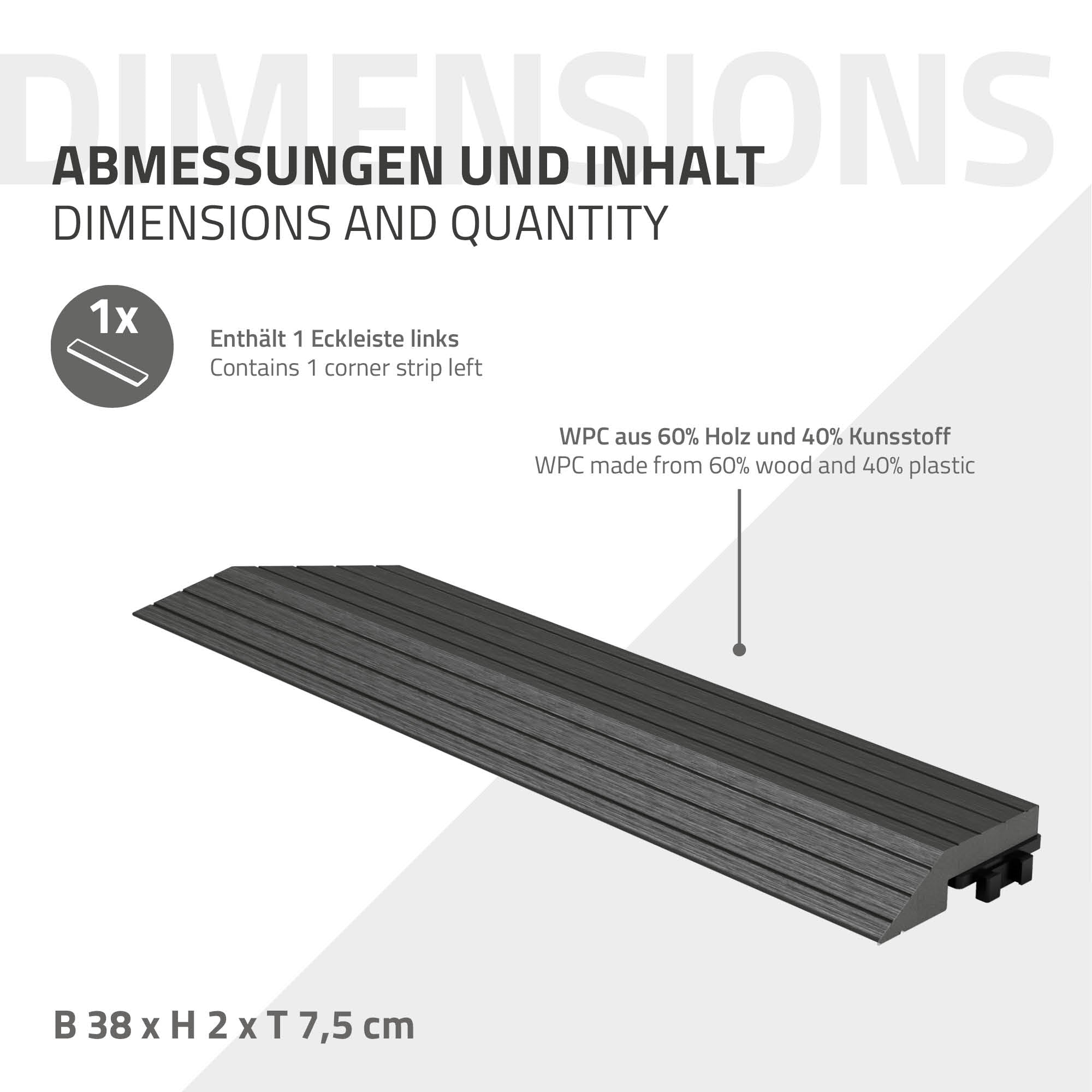 Corner trim with dimensions and material description.