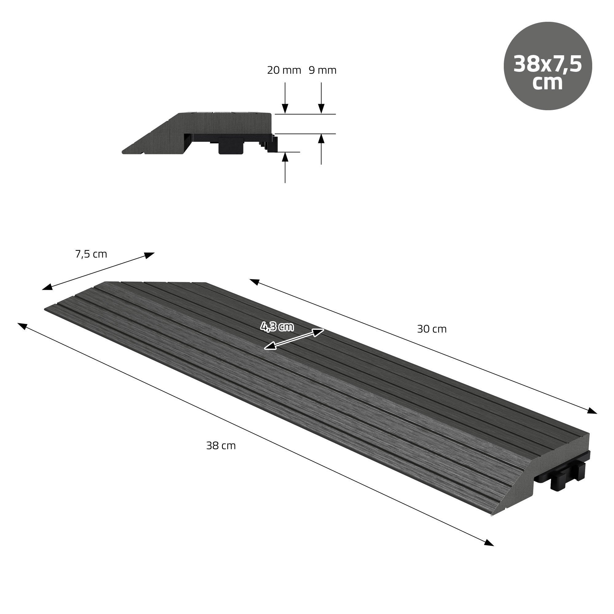 Technical drawing of a terrace board with dimensions and details.