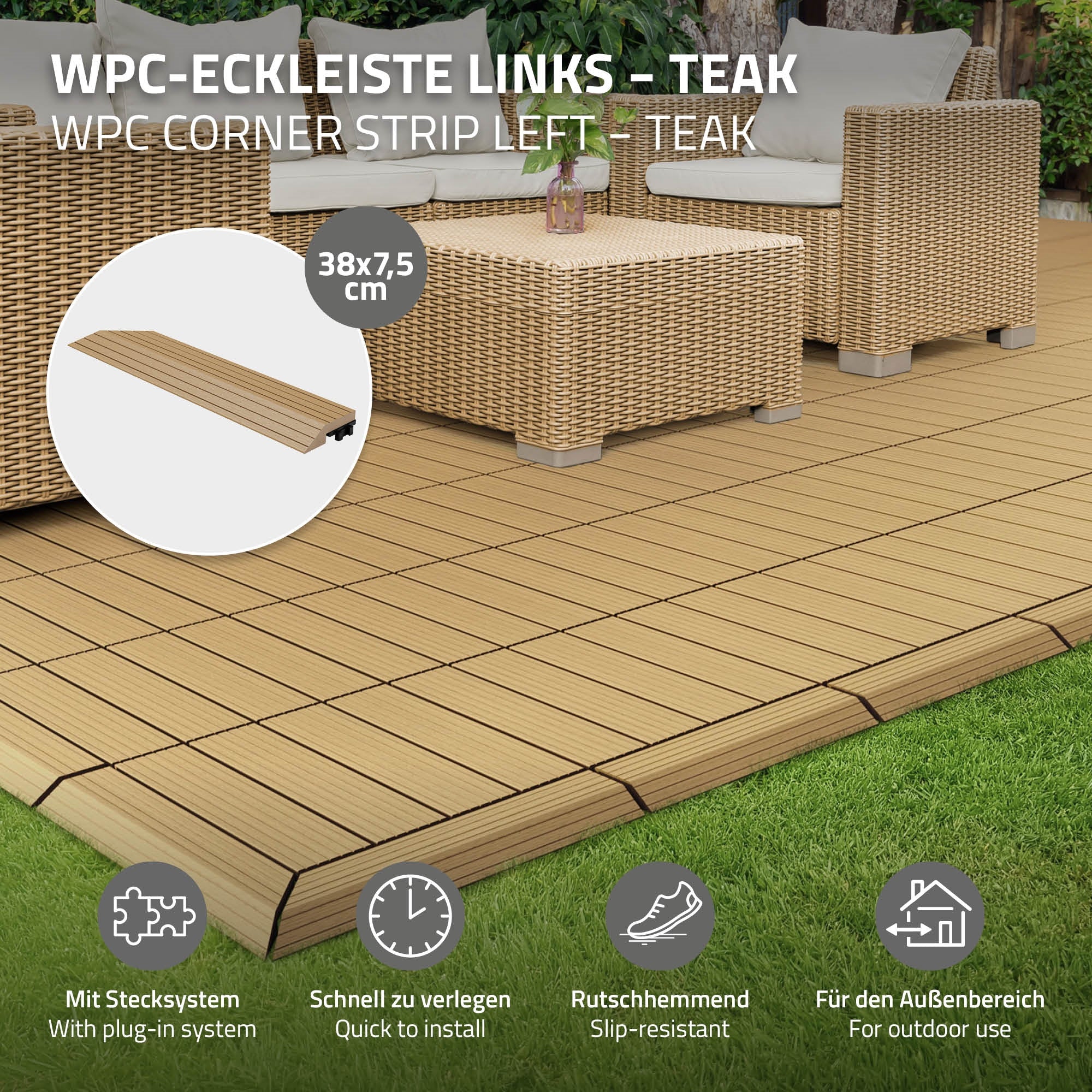 WPC-hoeklijst links in teak kleur op een vloerbedekking.