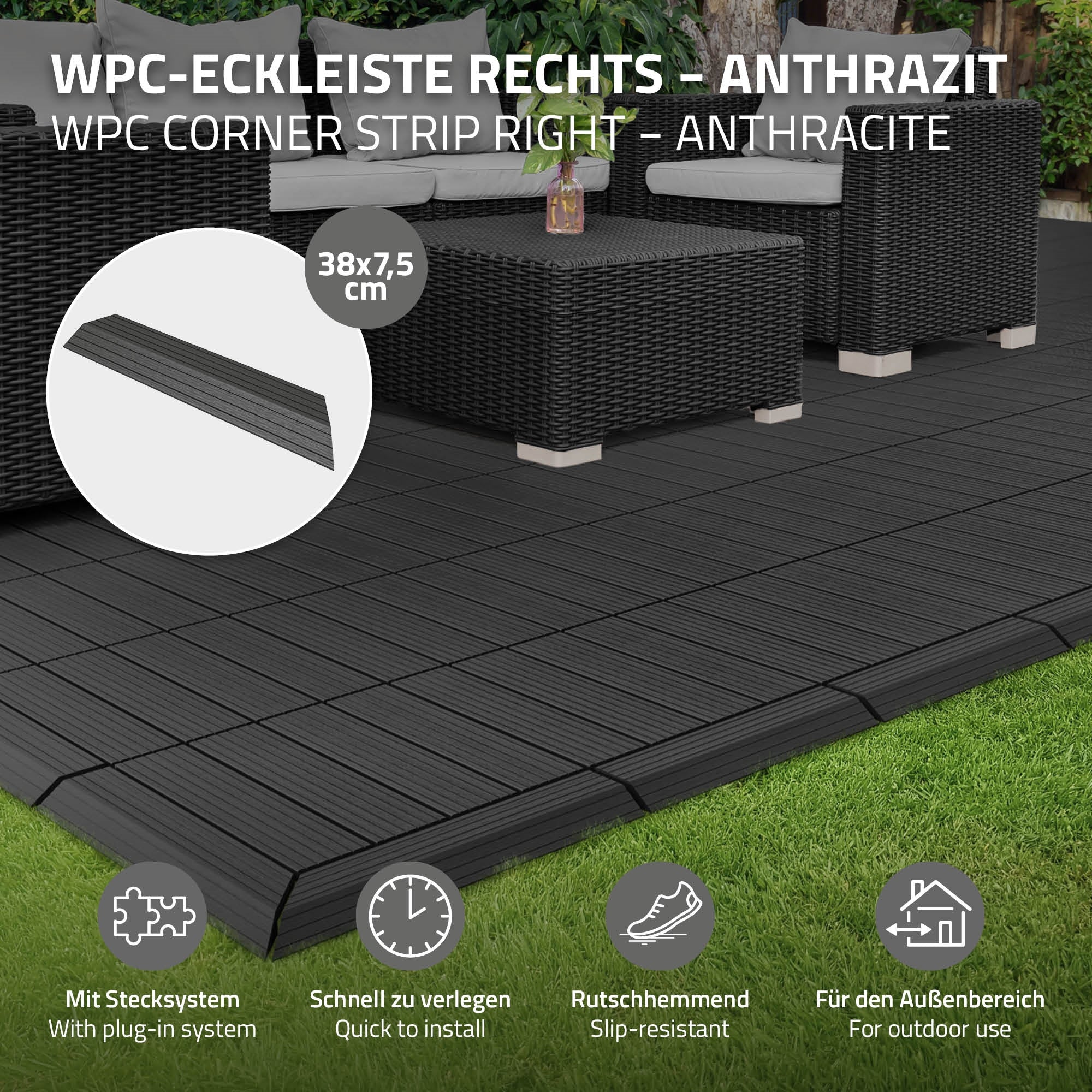 Terrace with anthracite WPC corner strips and rattan furniture.