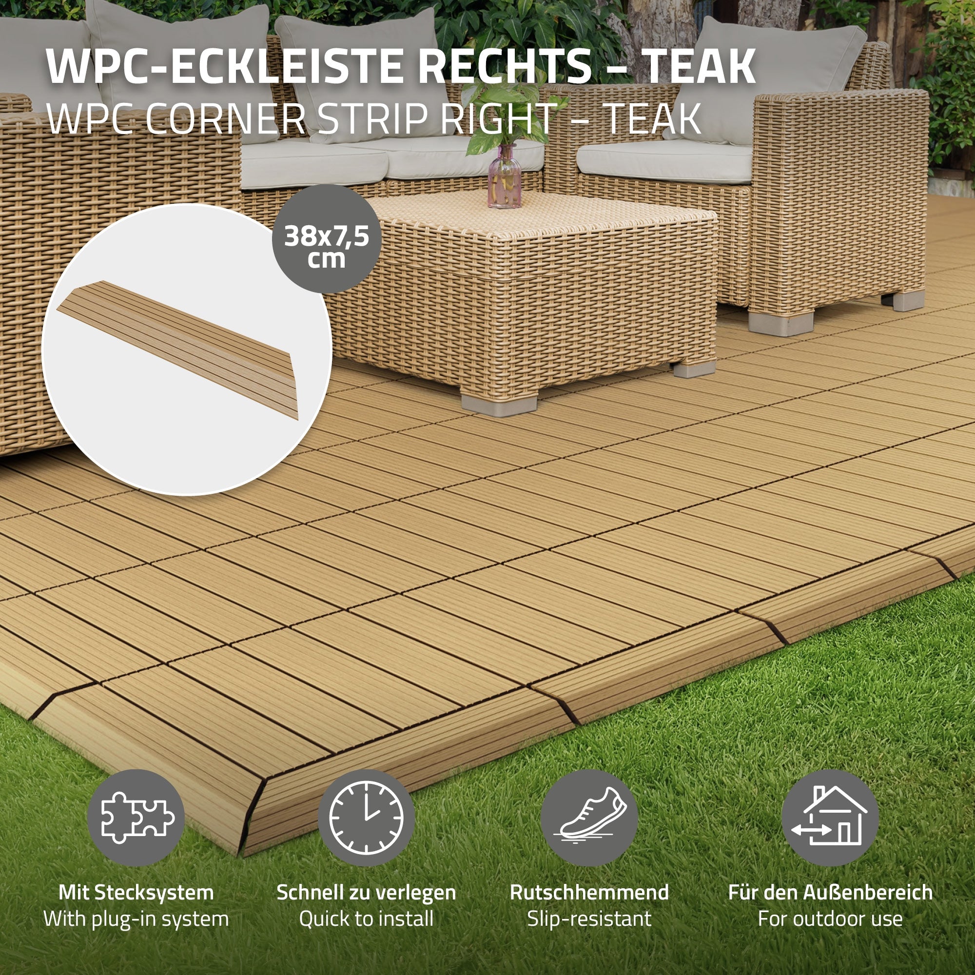 WPC-hoeklijst rechts van teak op een vloerbedekking.