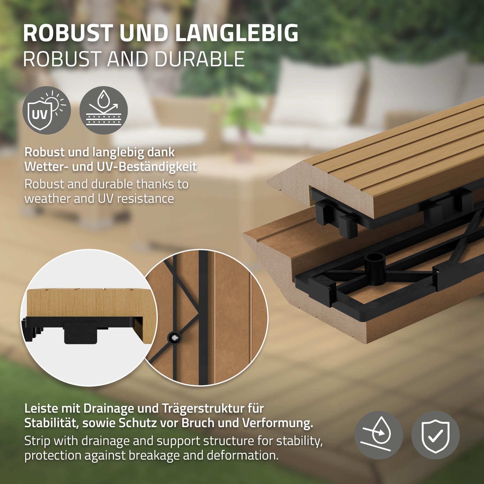 Detailaufnahme einer WPC-Abschlussleiste in Anthrazit.