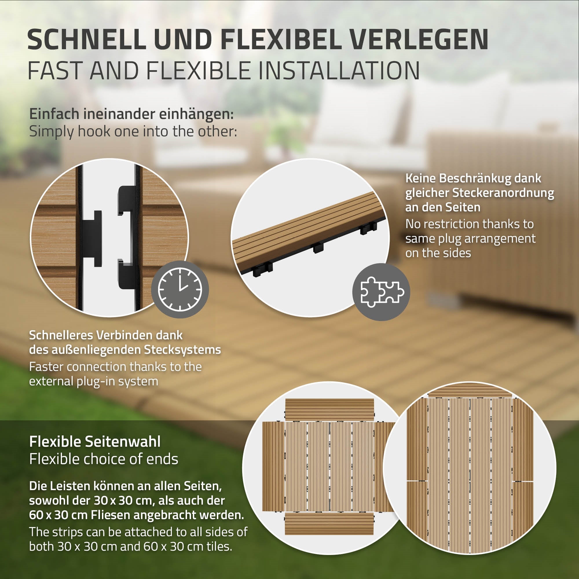 Verlegeanleitung für Terrassendielen mit Stecksystem und flexibler Seitenwahl.