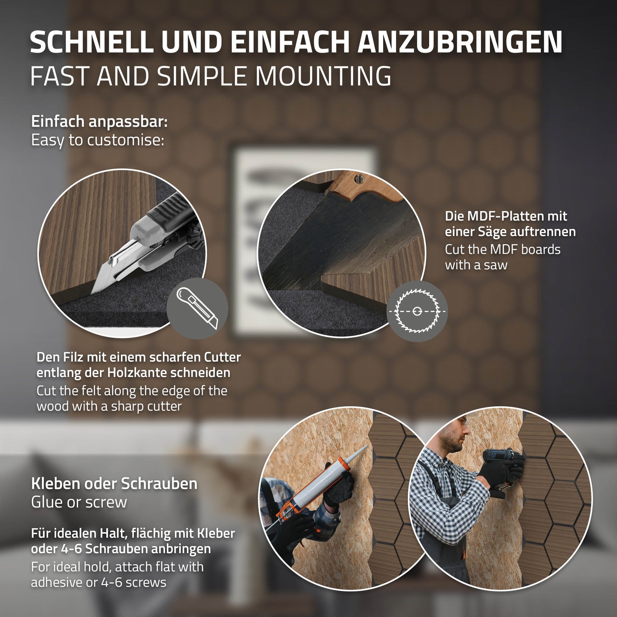 Anleitung zum Anbringen von MDF-Paneelen mit Werkzeugen.