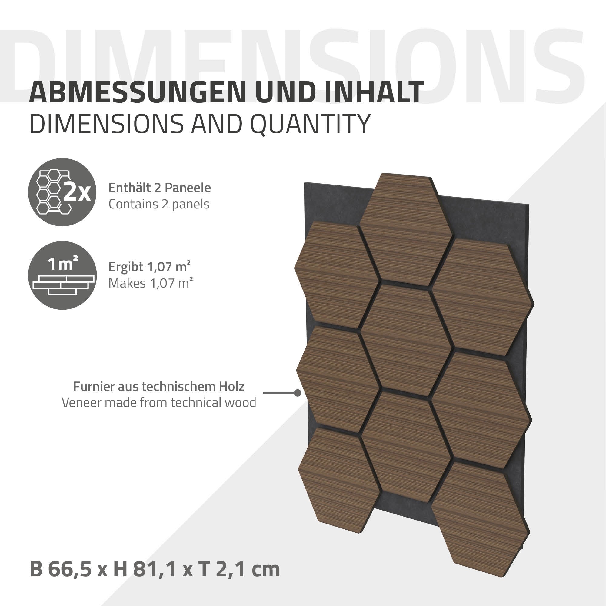 Grafik mit Abmessungen und Inhalt von Akustikpaneelen in Holzoptik.