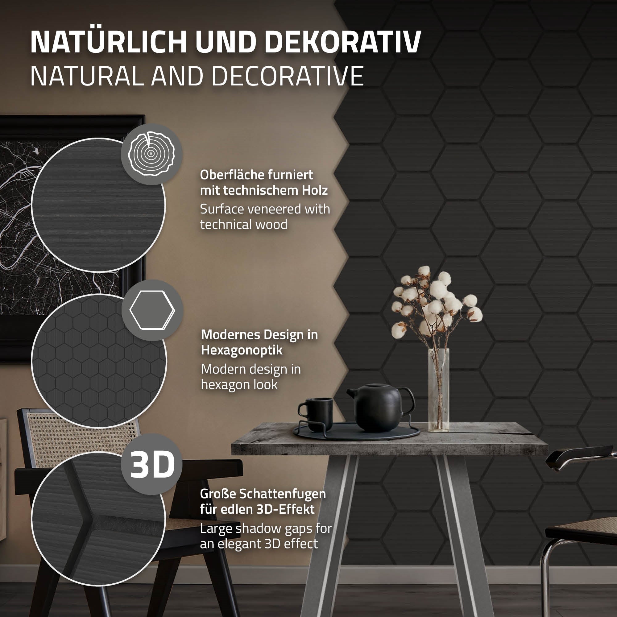 Bord med hexagonale fliser og dekorative elementer.