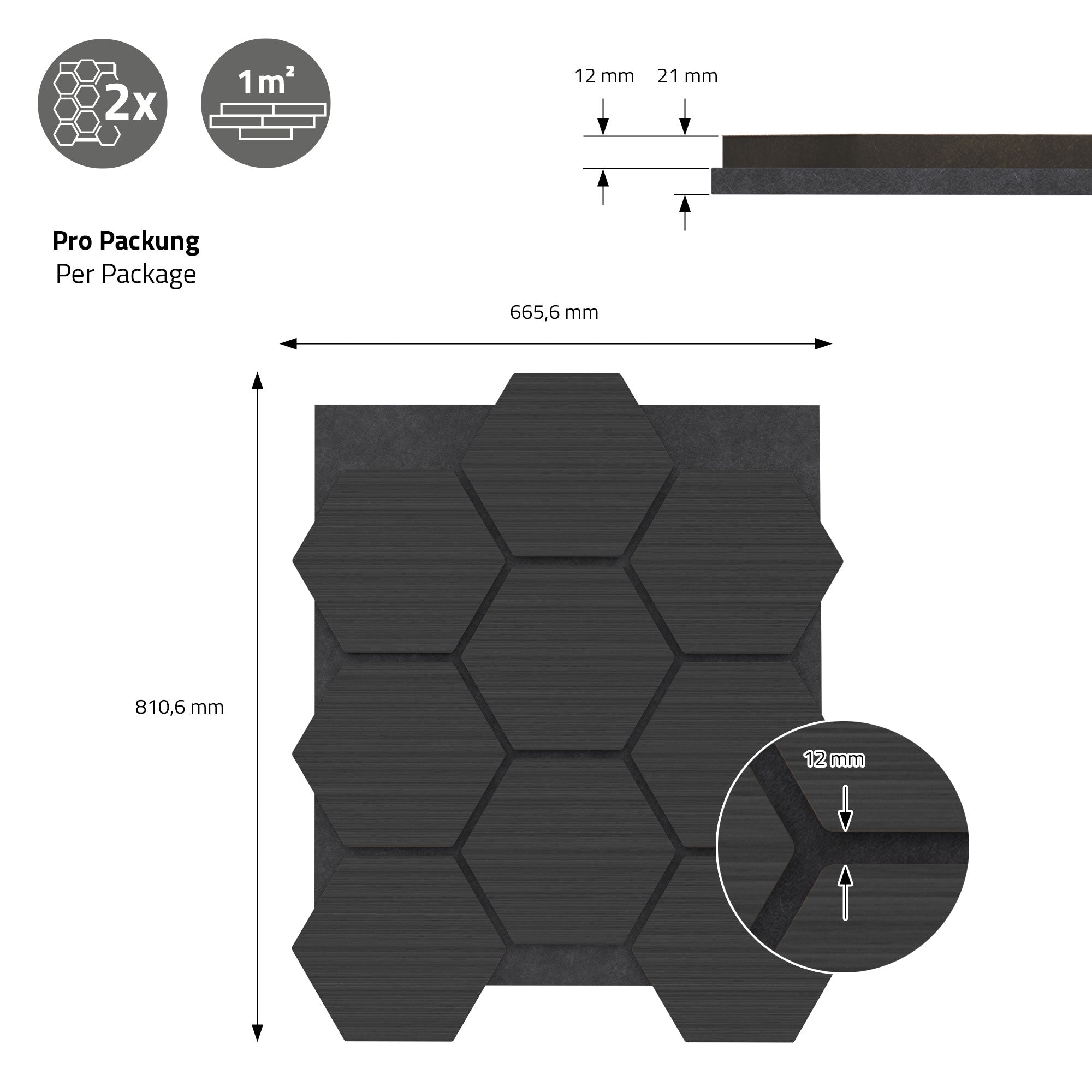 Grafik med hexagonale plader, mål og emballageoplysninger.
