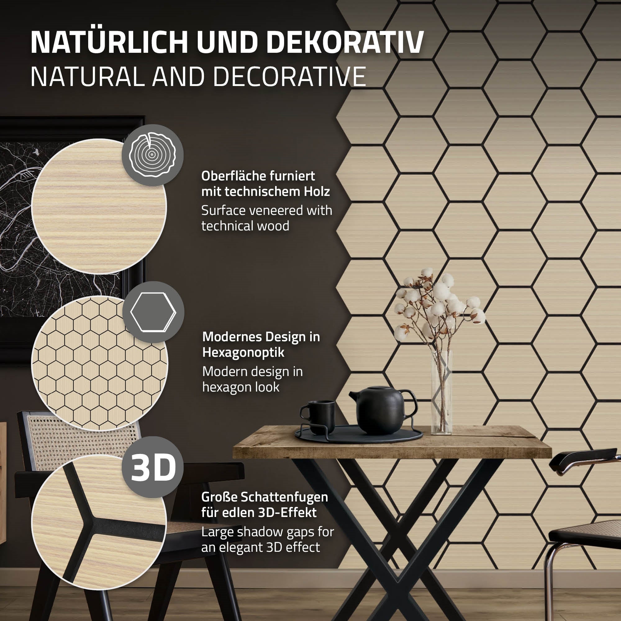 Bord med hexagonale mønstre og dekorative elementer.