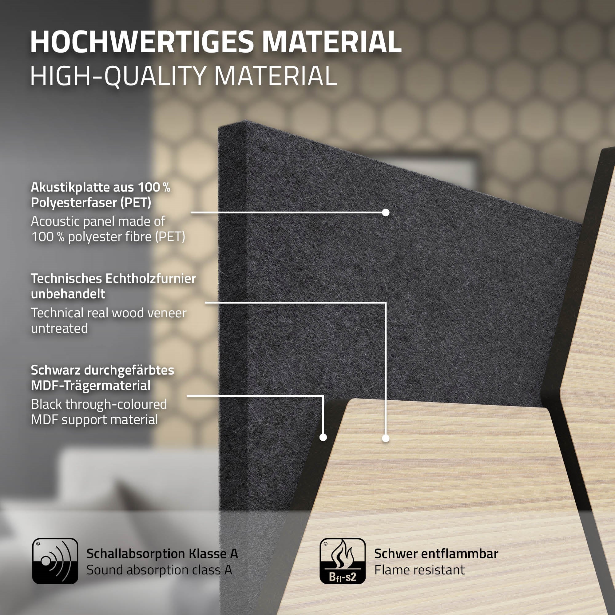 Produktinformation om materialer og egenskaber på et billede.