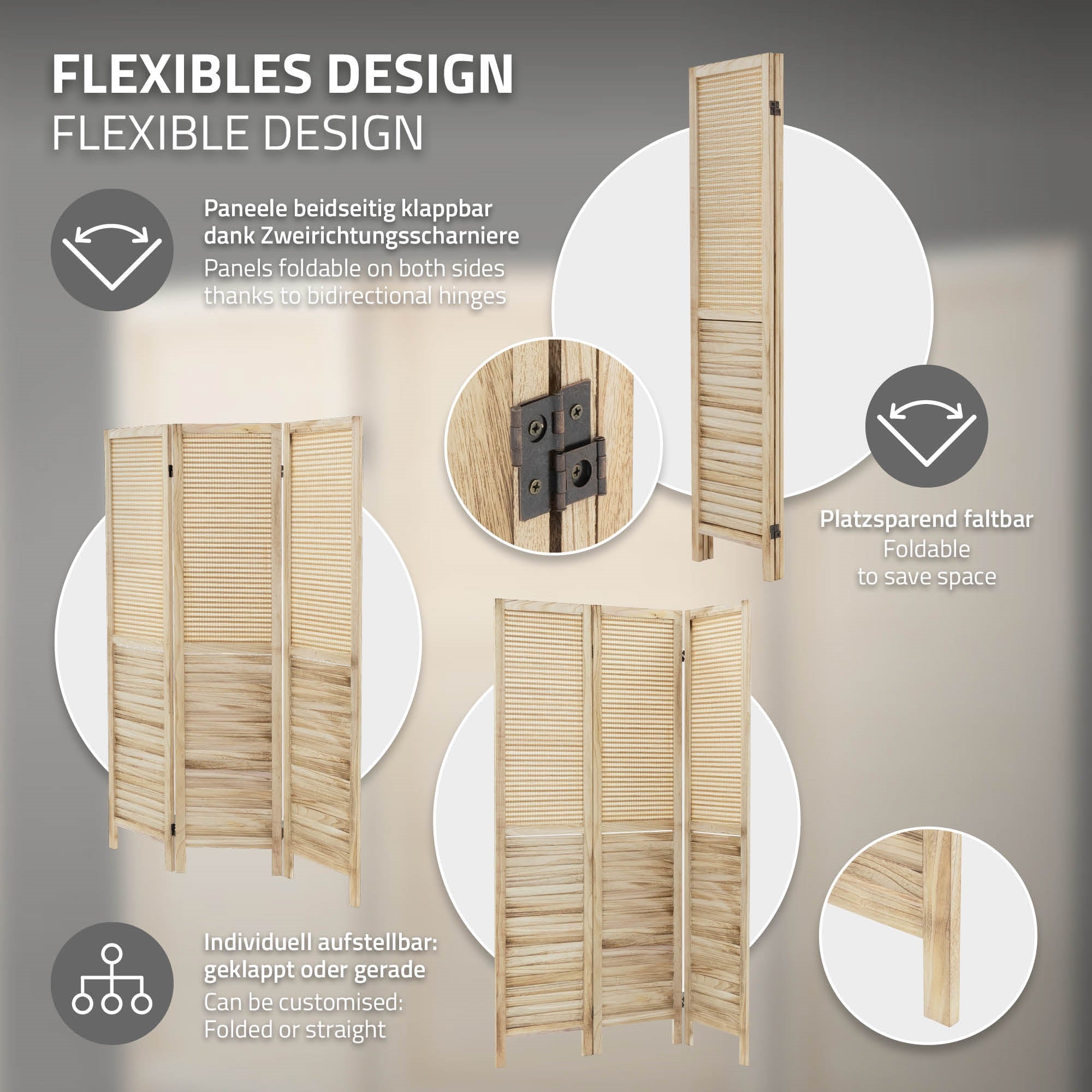 Grafik mit einem faltbaren Paravent und seinen flexiblen Designmerkmalen.