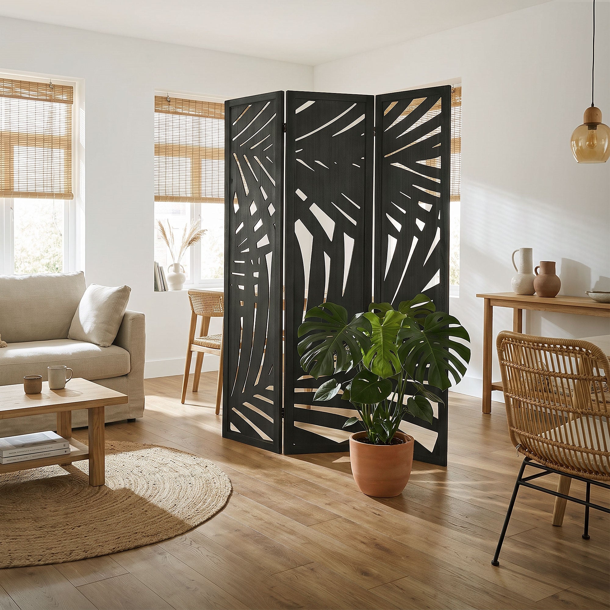 Sort rumdeler med planter i et moderne opholdsrum.