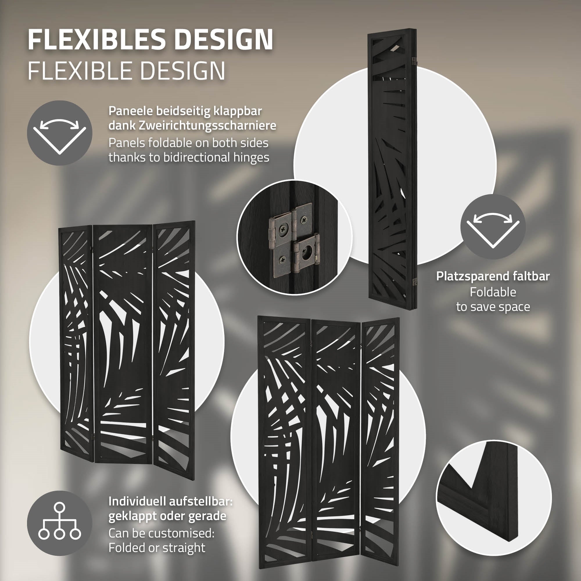 Foldbar rumdeler med dekorativt design og to hængsler.