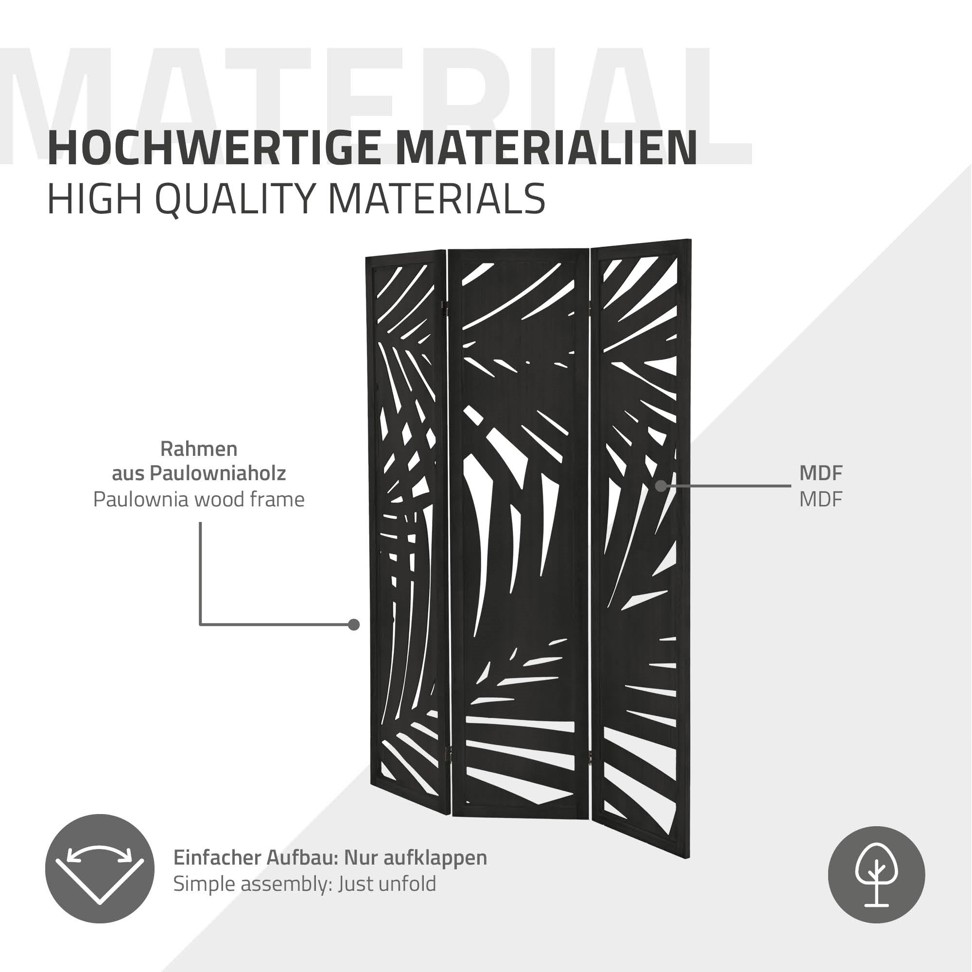 En skærm med et moderne design af sort MDF i et lyst rum.