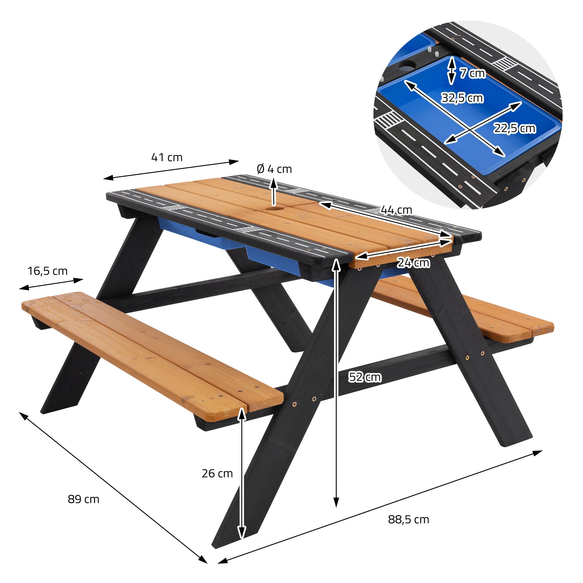 Holztisch mit zwei Bänken, Maßangaben sind sichtbar.