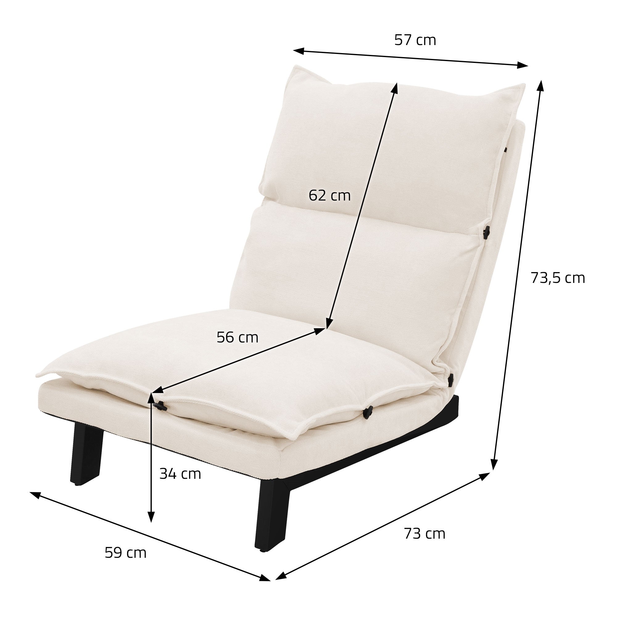 Valkoinen nojatuoli mittojen kanssa: korkeus 73,5 cm, leveys 73 cm, syvyys 57 cm.