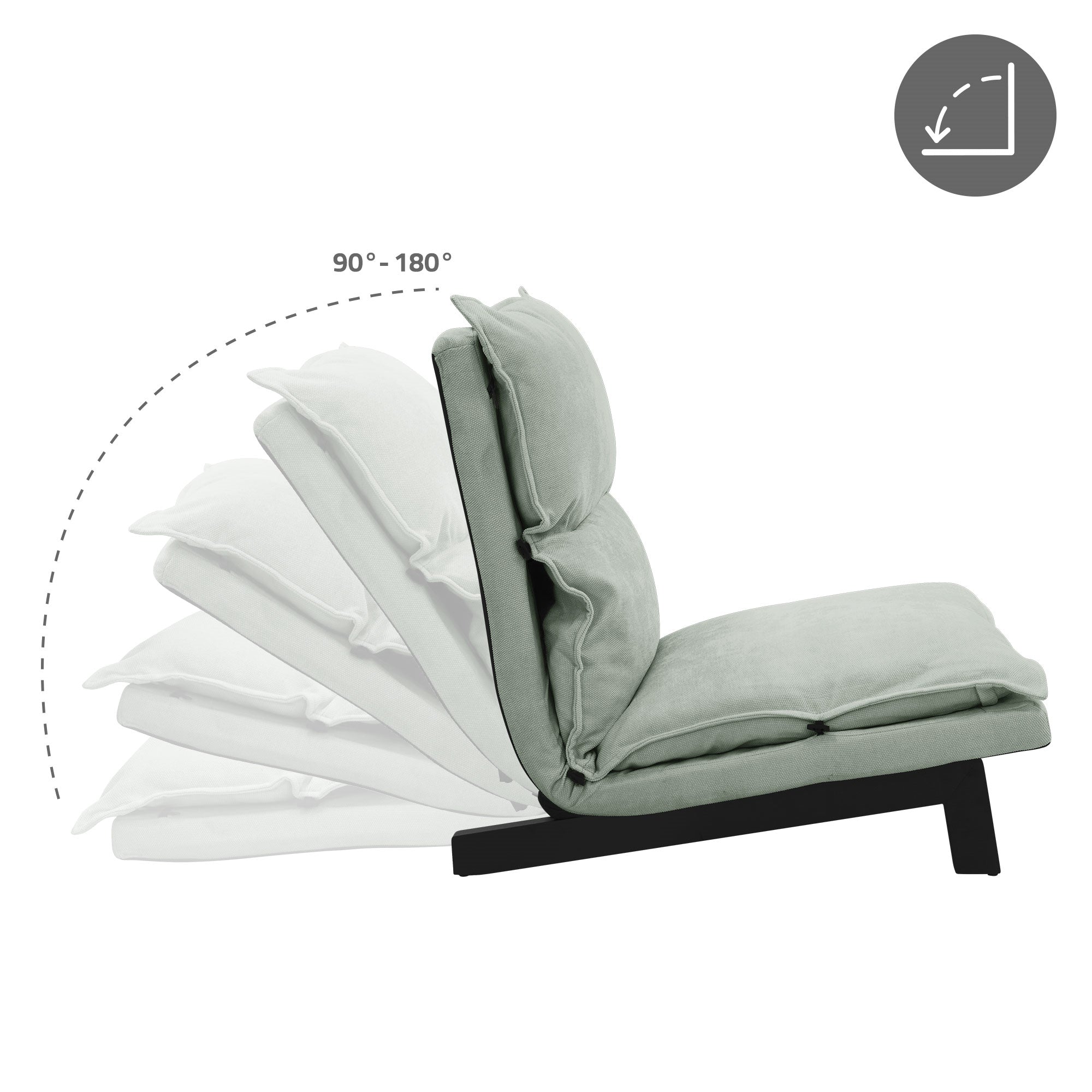 Fauteuil à différents angles d'inclinaison, de 90° à 180°.