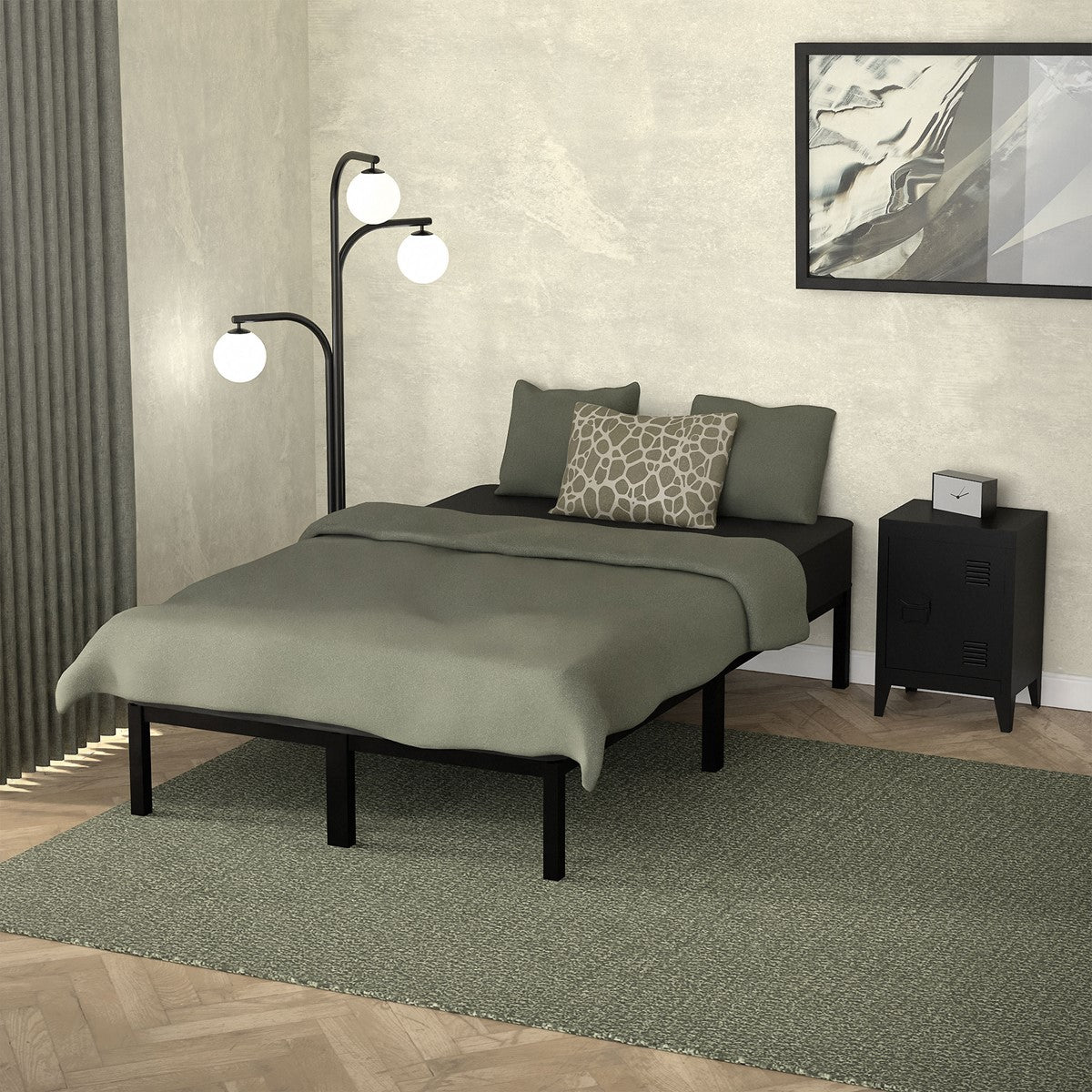 Een modern slaapkamer met een bed, een lamp en een nachtkastje.