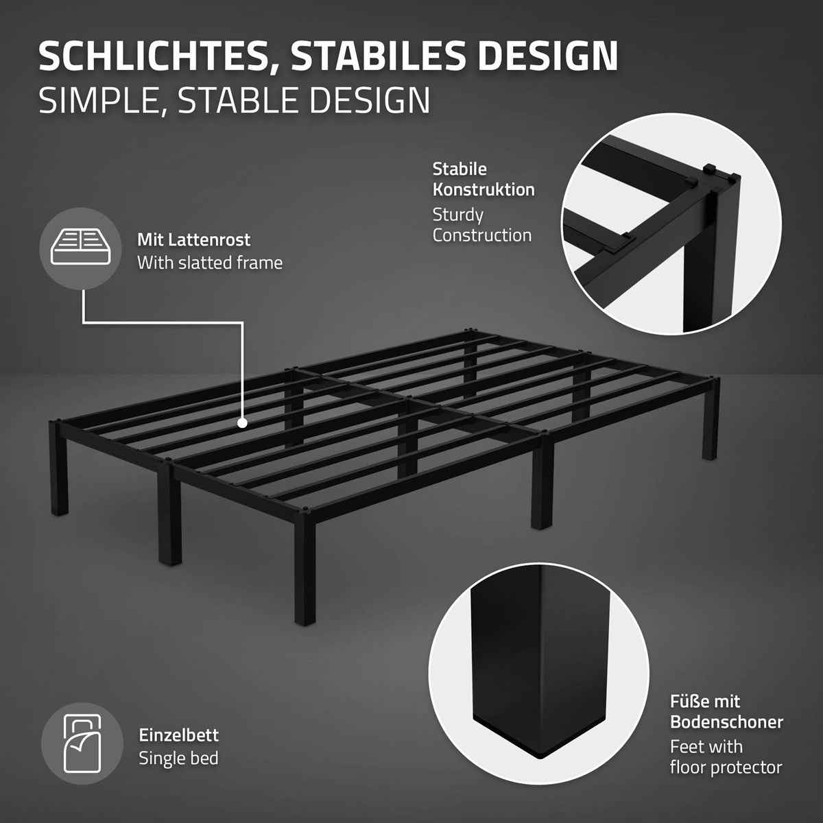 Zwart bedframe met stevige constructie en lattenbodem.