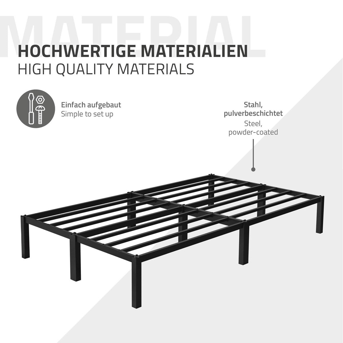 Zwart metalen bed met stevige frameconstructie.