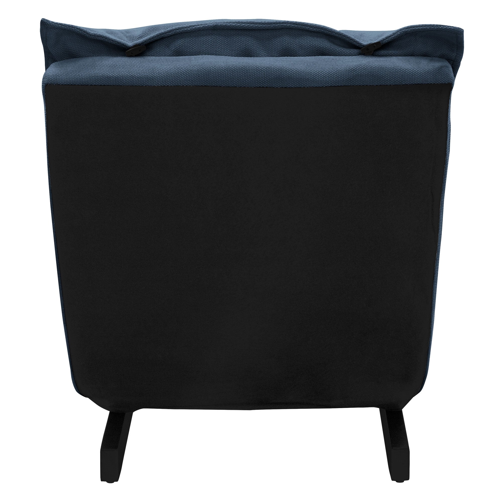 Achteraanzicht van een blauwe bank met zwarte bekleding.