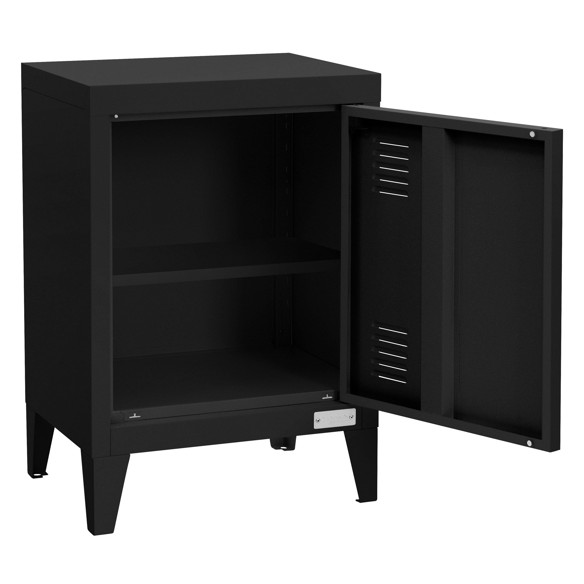 Black open cabinet with two shelves and a door.
