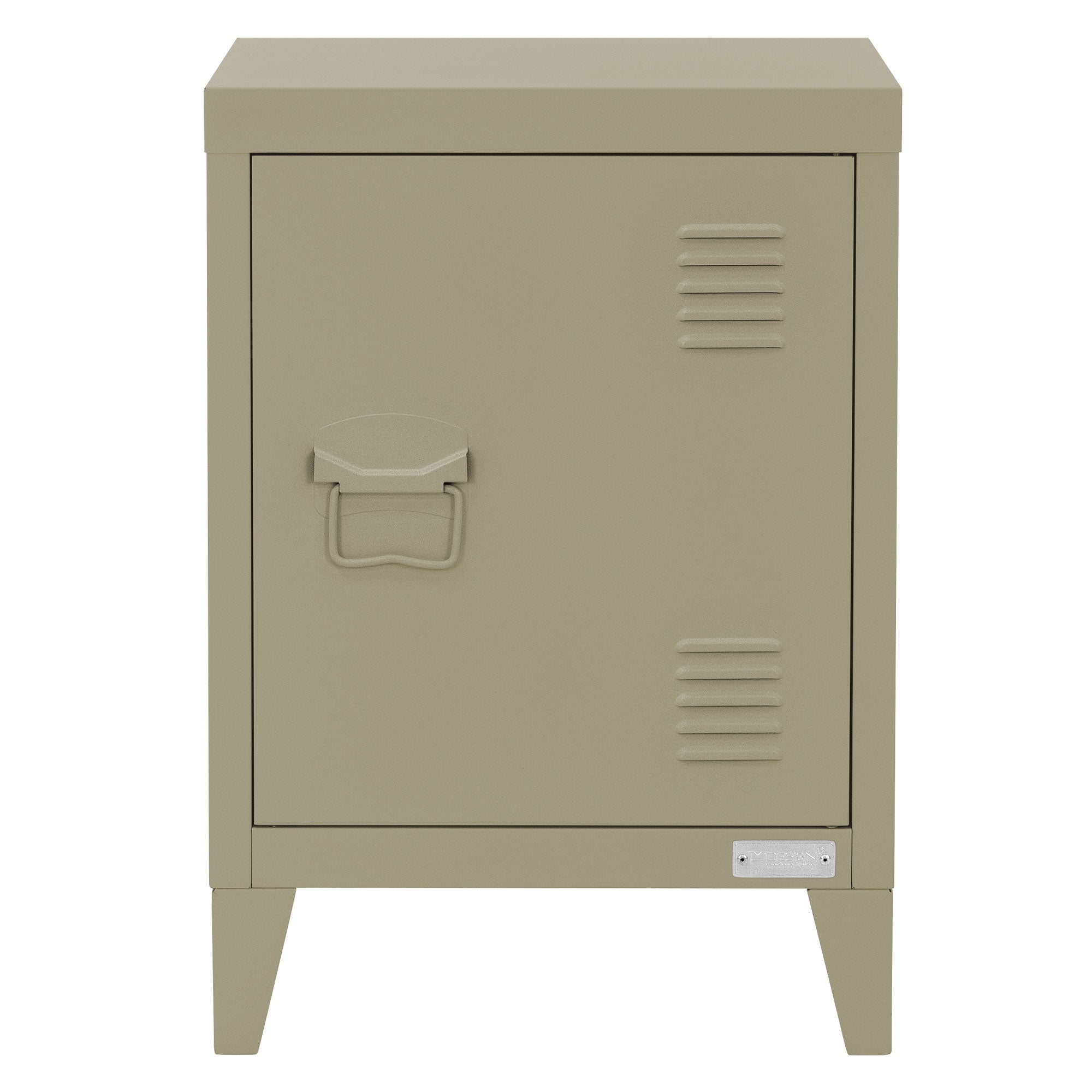 Un comodino verde oliva con una porta e fessure di ventilazione.