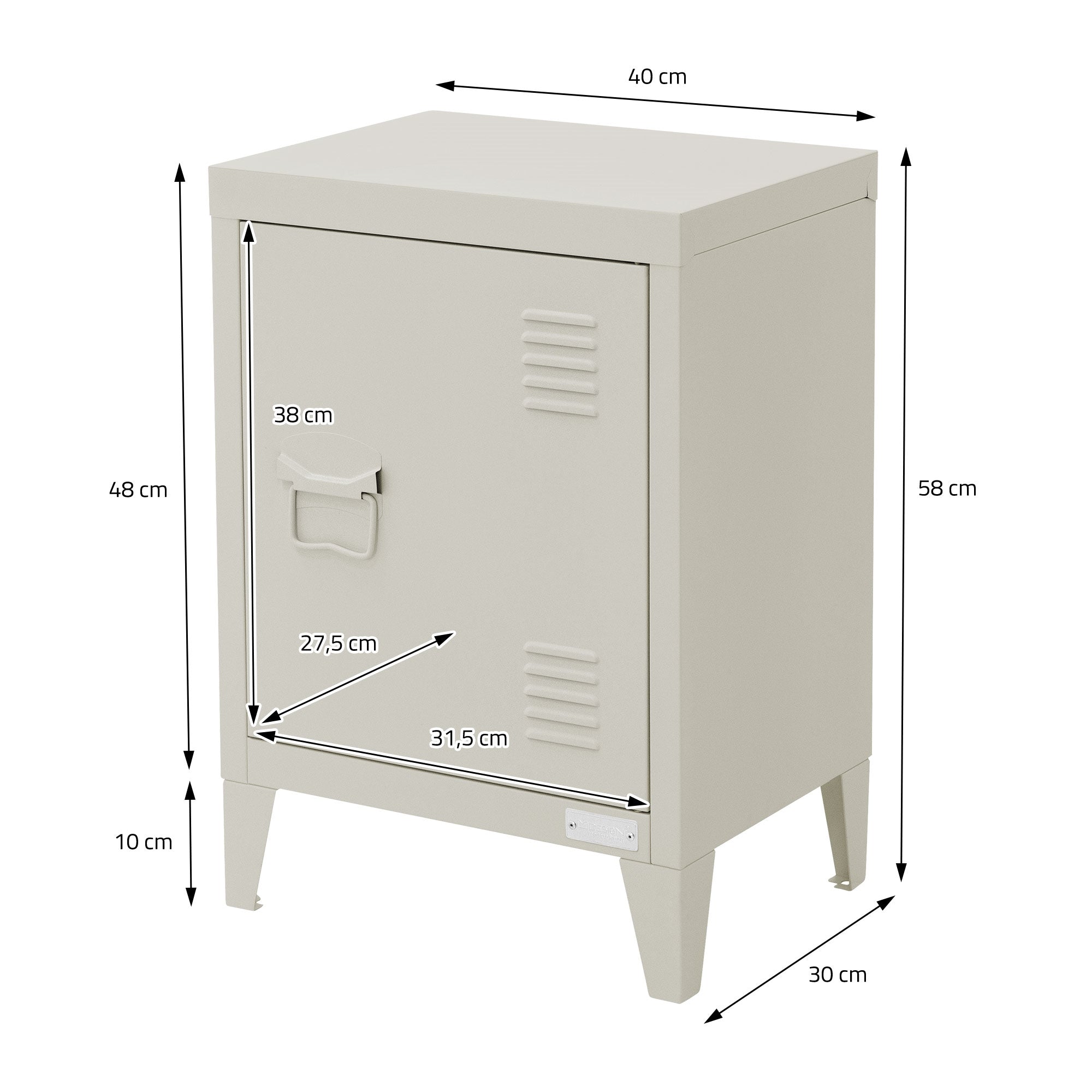 Metallischer Schrank mit Maßen und Details auf einem weißen Hintergrund.