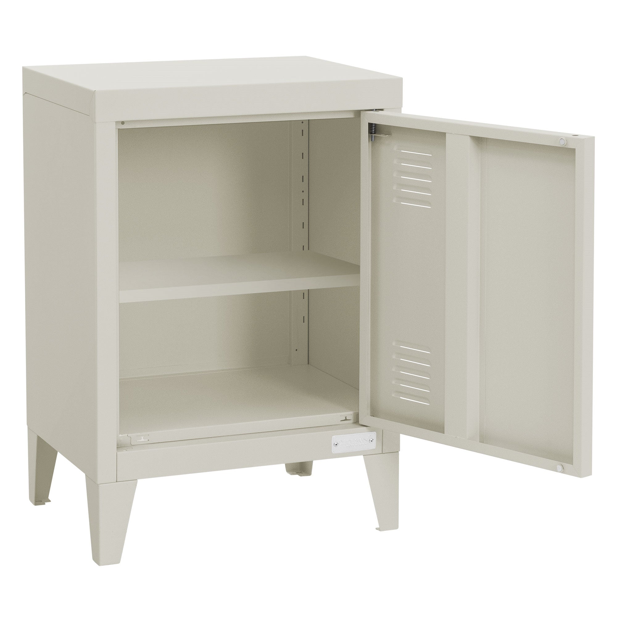 Offener Nachtschrank in hellem Grau mit zwei Regalen.