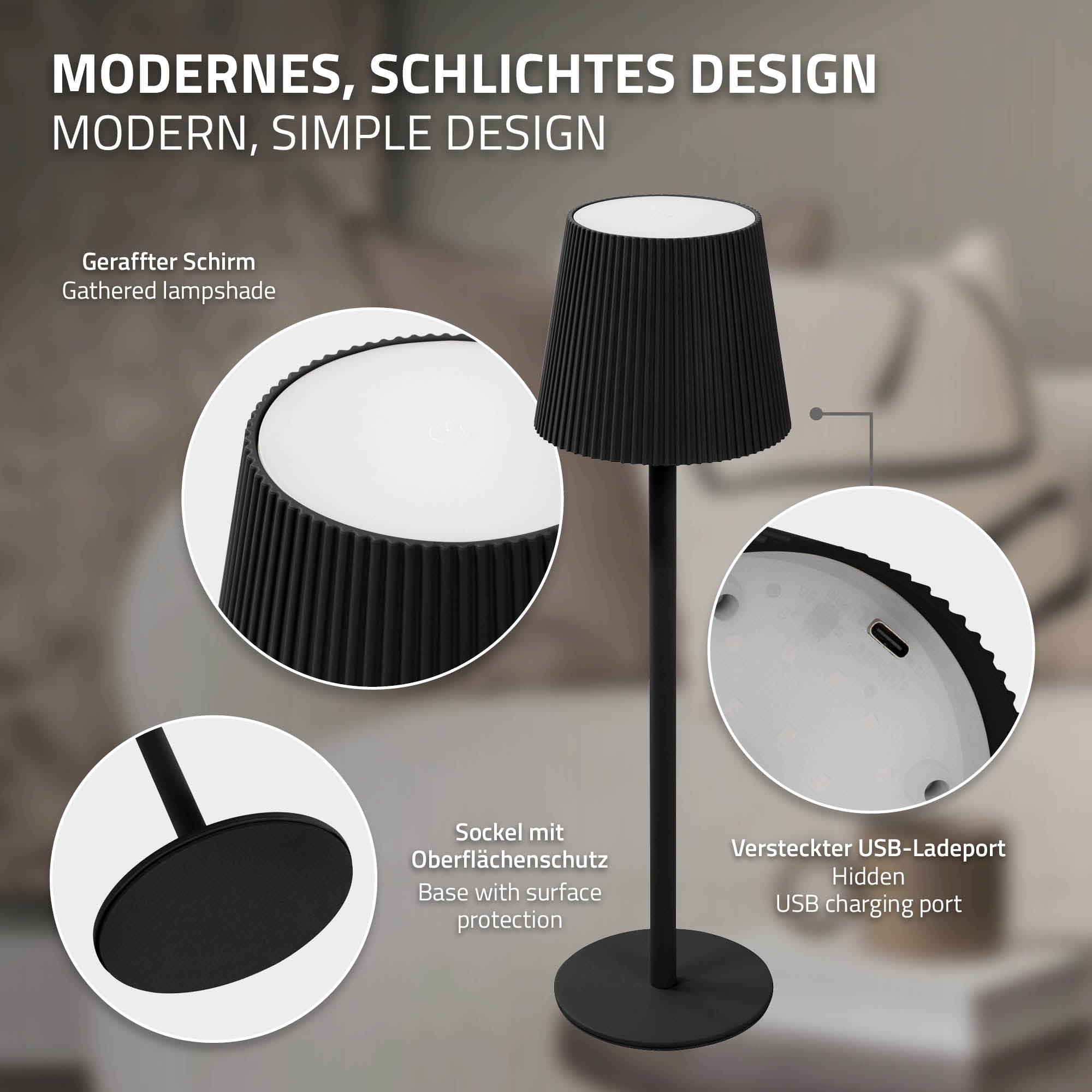 Stehlampe mit schwarzem Lampenschirm und USB-Ladeport.