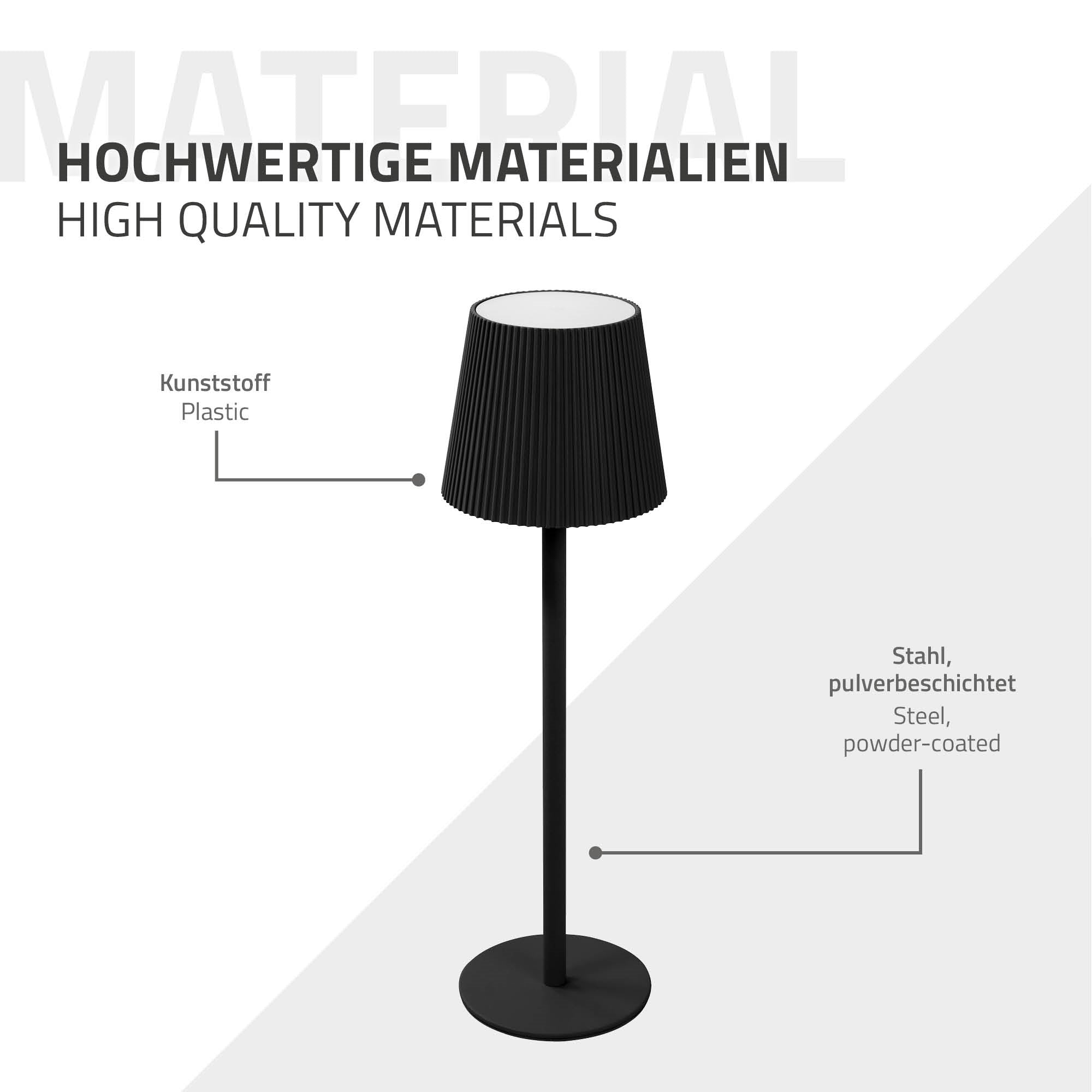 Stehlampe mit schwarzem Lampenschirm und Metallfuß, beschichtet.