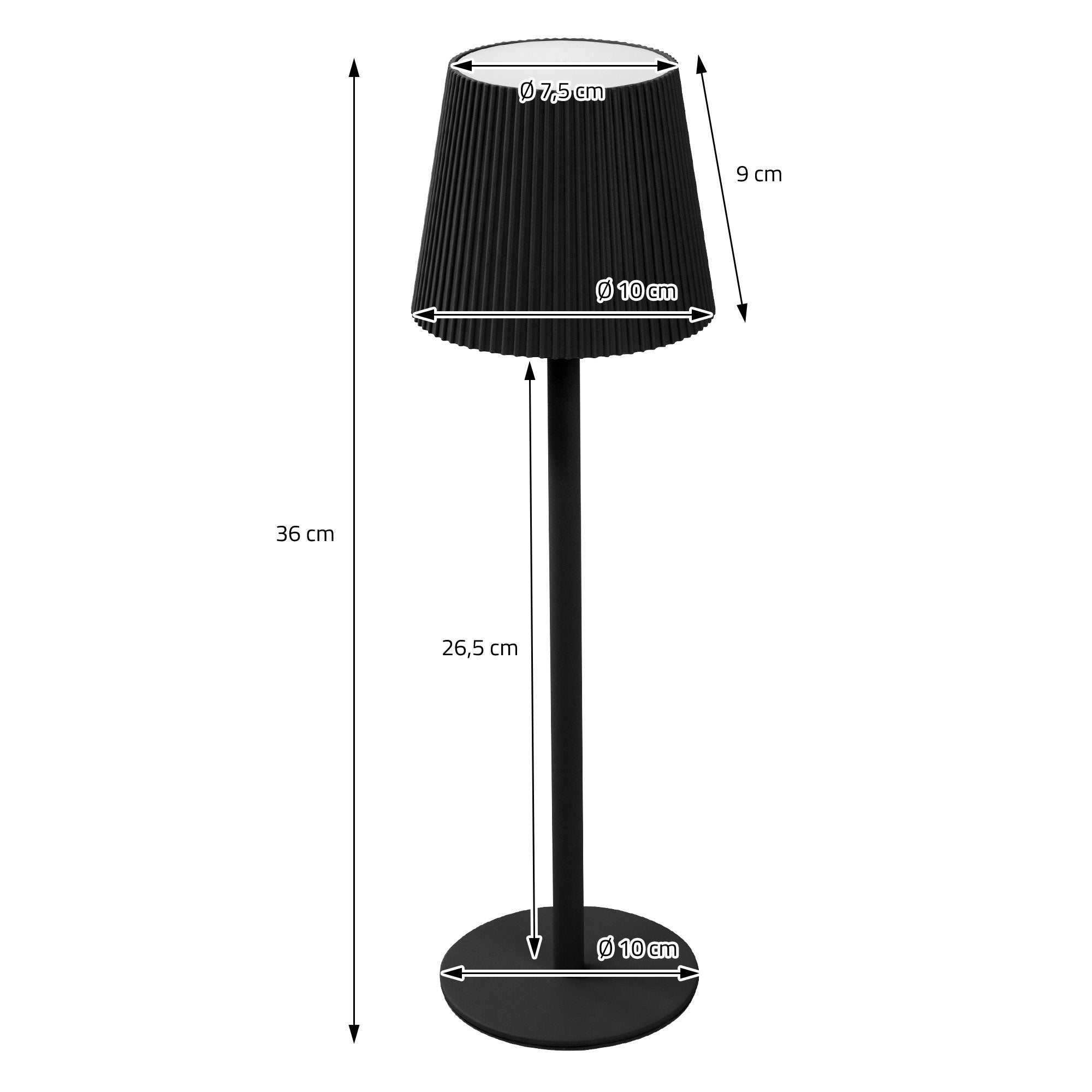 Maßzeichnung einer schwarzen Stehlampe mit Abmessungen und Durchmessern.