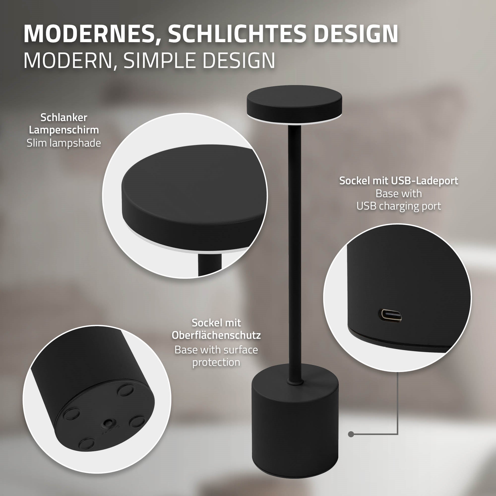 Schlanker Lampenschirm und Sockel mit USB-Ladeport.