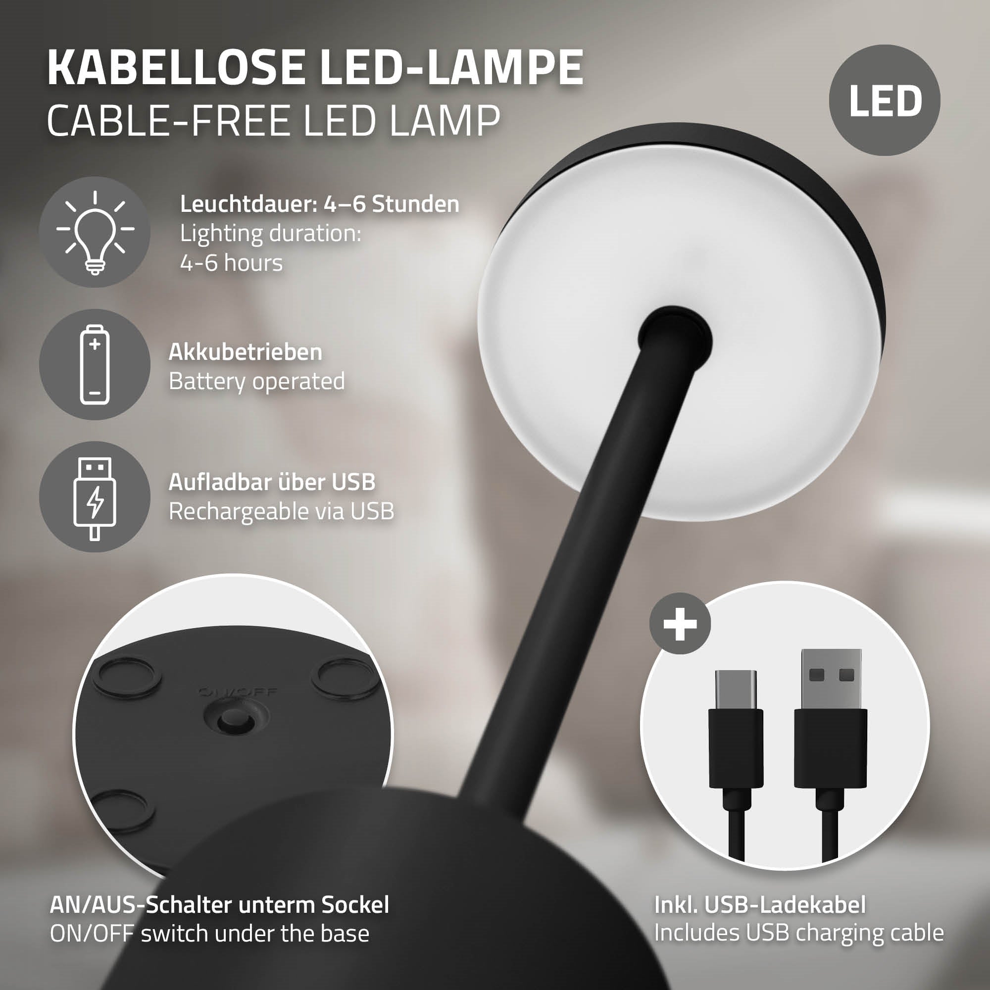 Grafik einer kabellosen LED-Lampe mit Informationen zu Akkulaufzeit und USB-Ladefunktion.