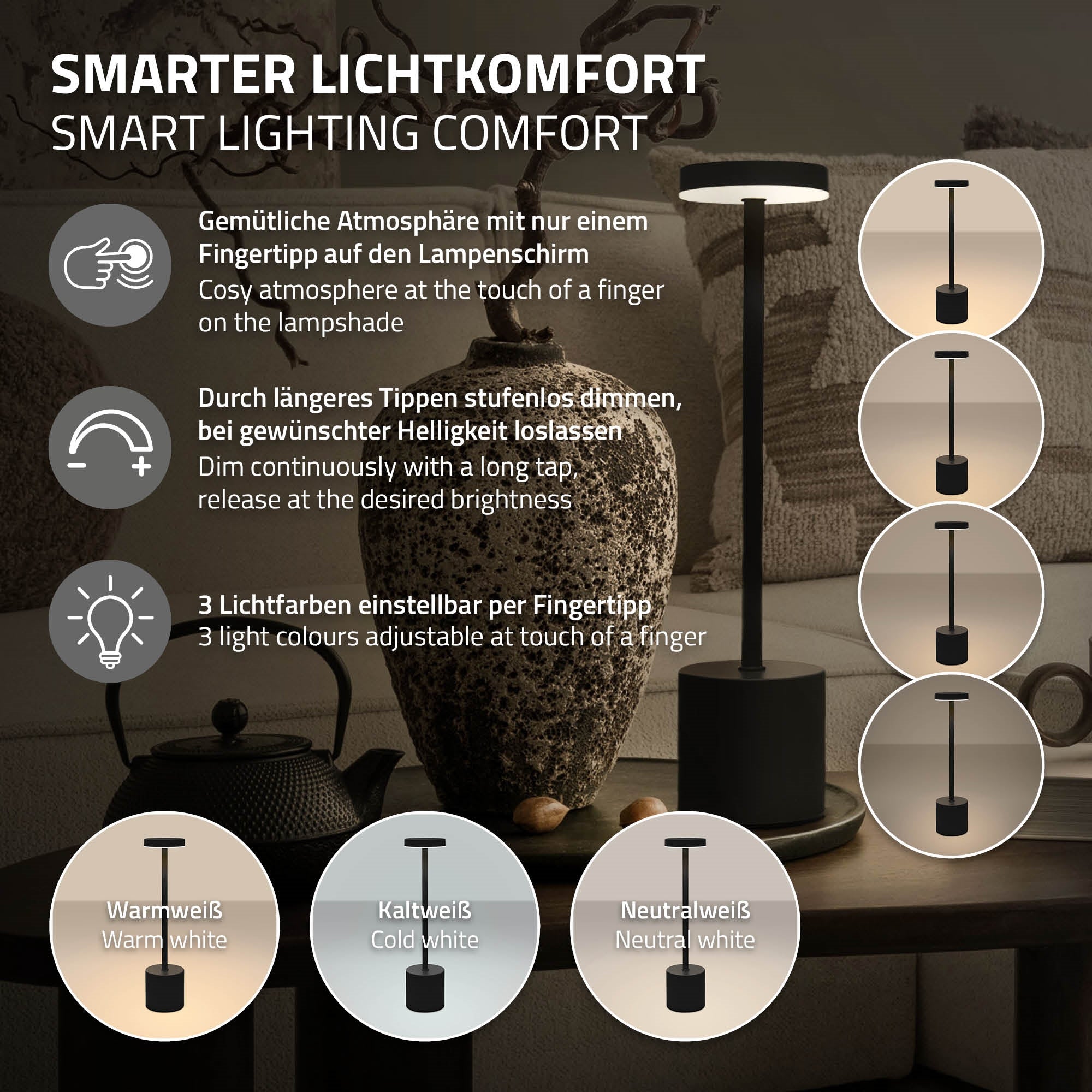 Eine Stehlampe mit verschiedenen Lichtoptionen und einem modernen Design.