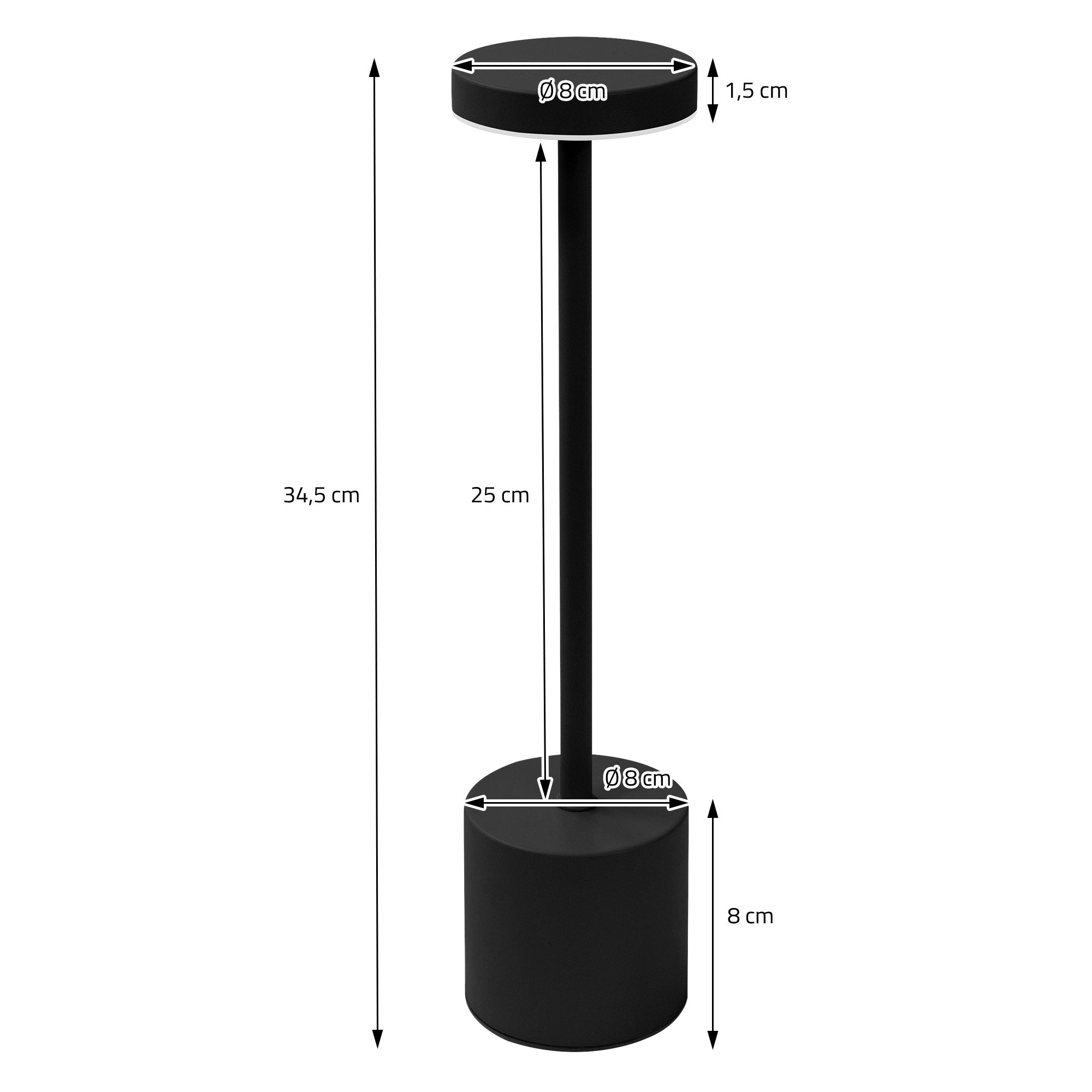 Maßzeichnung einer Lampe mit Höhe und Durchmesser.