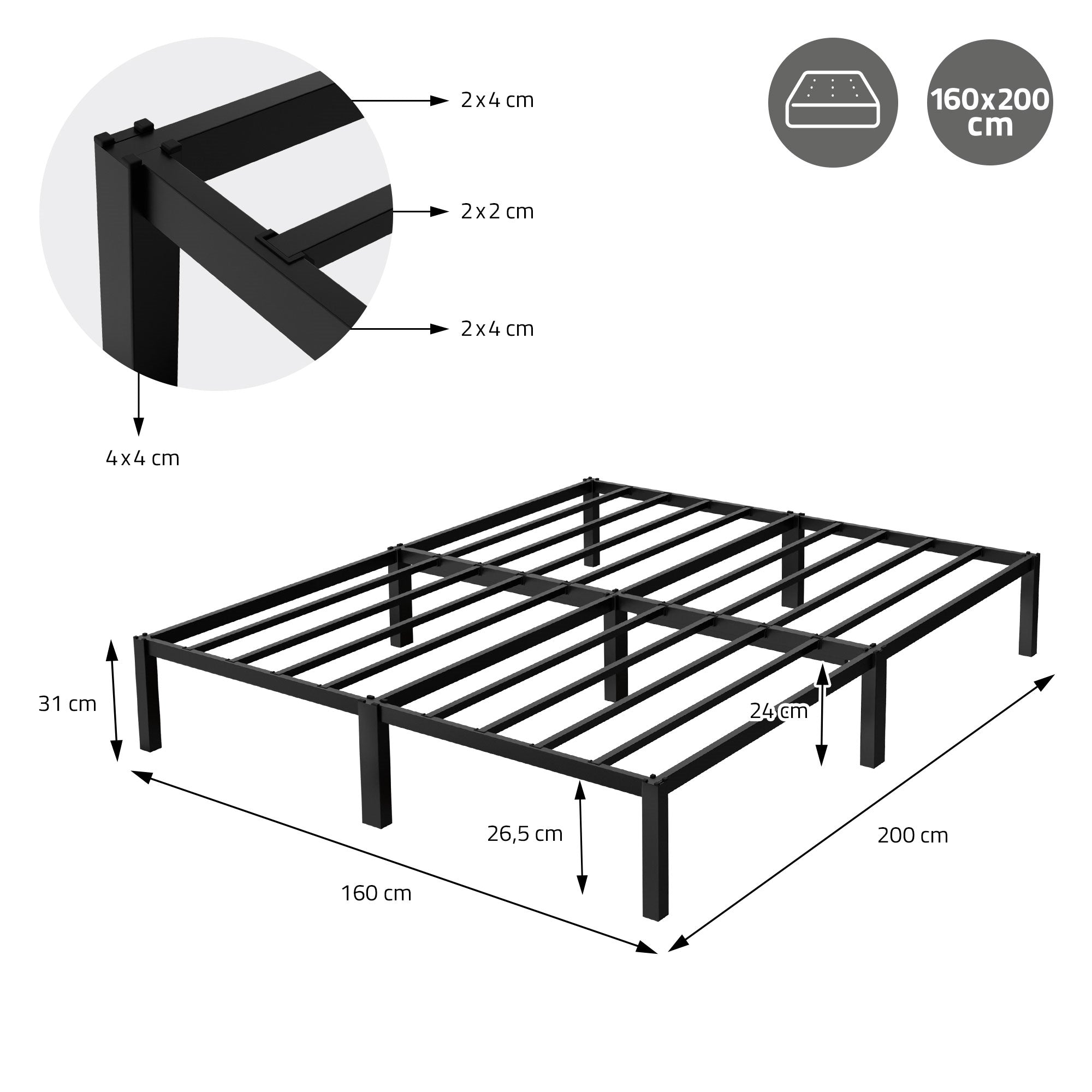 Schwarzes Bettgestell mit Maßen 160x200 cm und stabilen Querstreben.