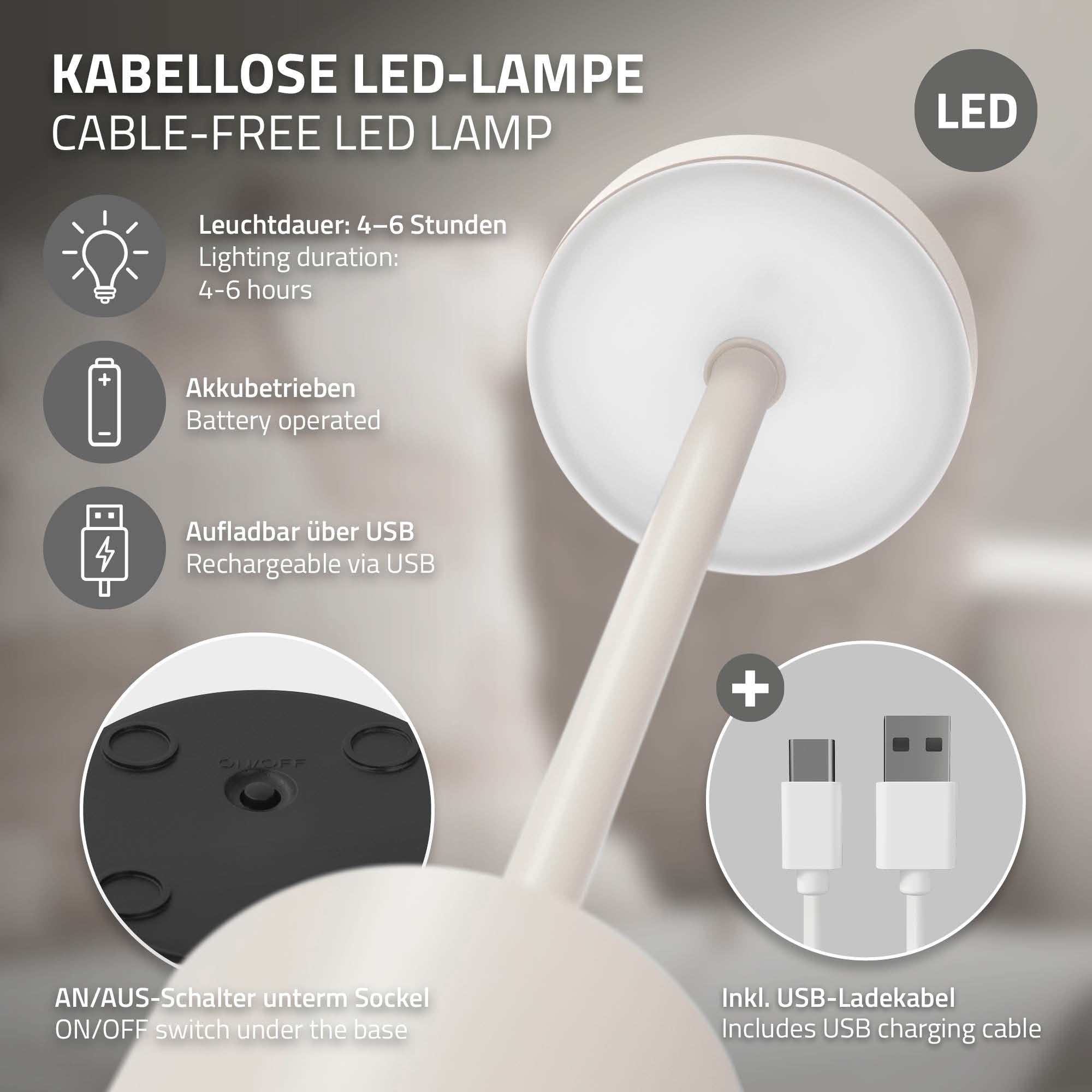 Kabellose LED-Lampe mit USB-Ladeanschluss und Akku.