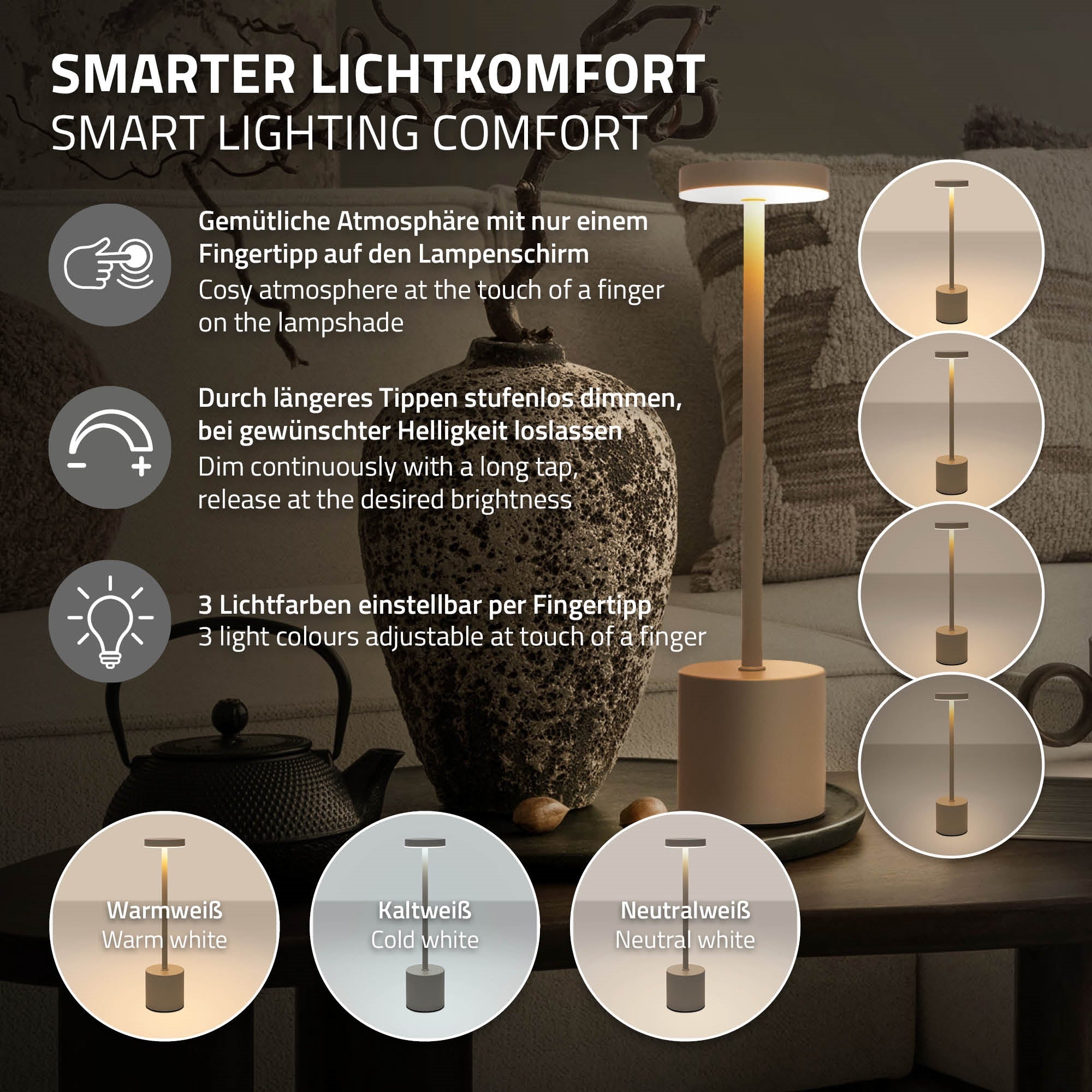 Lampe mit dimmbarem Licht und verschiedenen Farbtemperaturen.