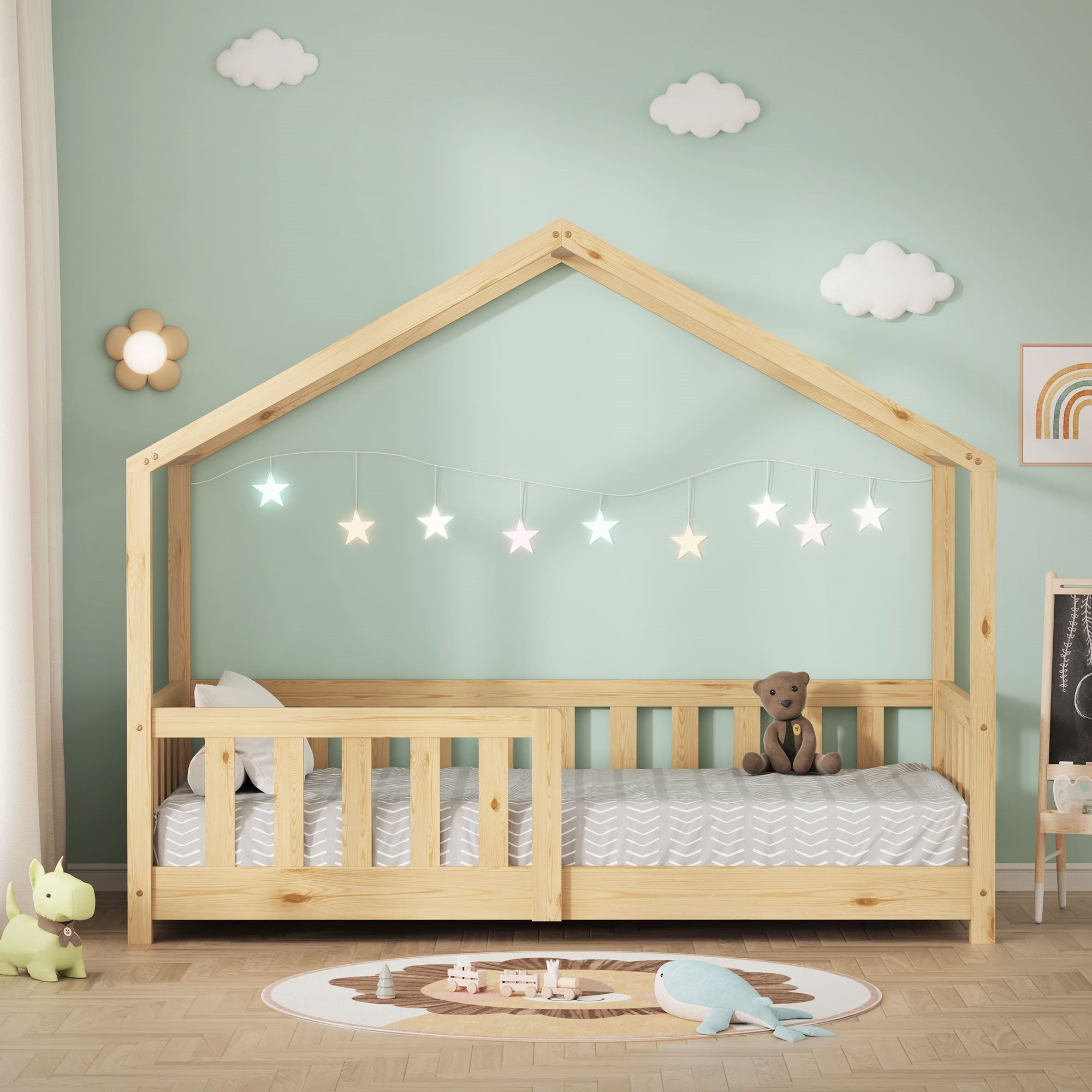 Un letto per bambini in design a casa con decorazioni e giocattoli.