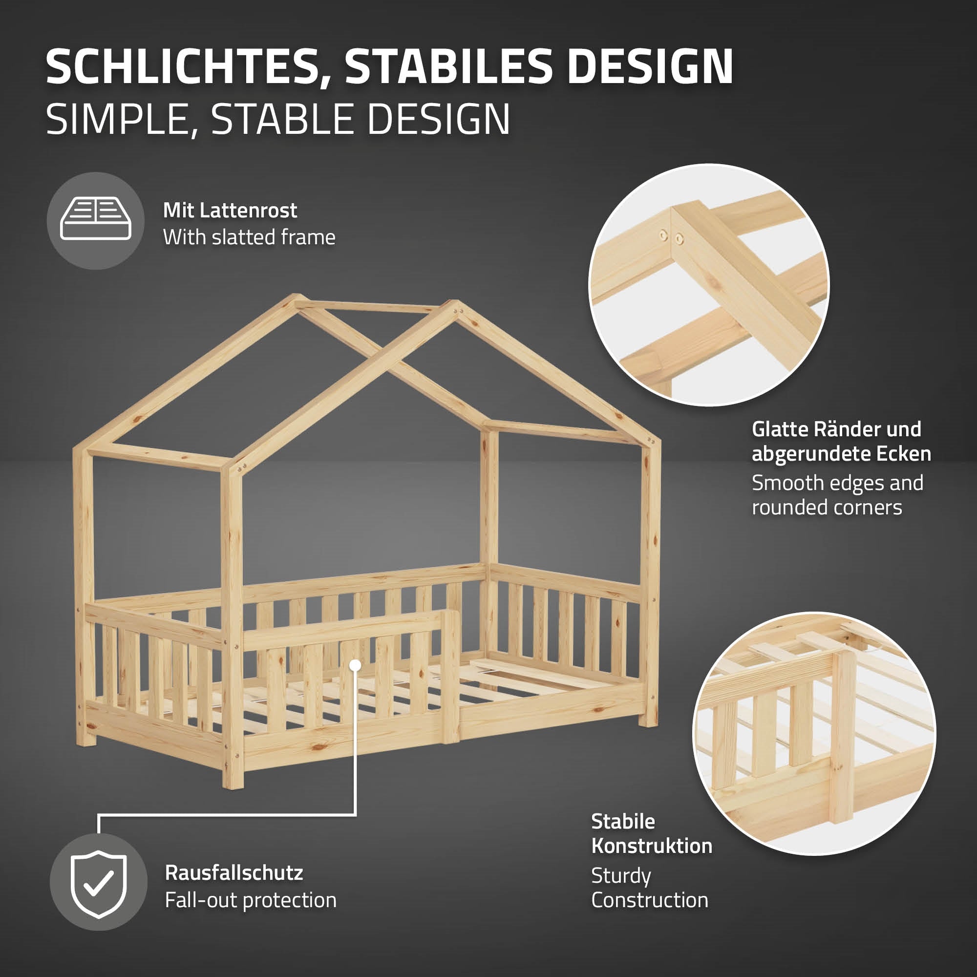 Letto con telaio in legno dal design semplice e angoli arrotondati.