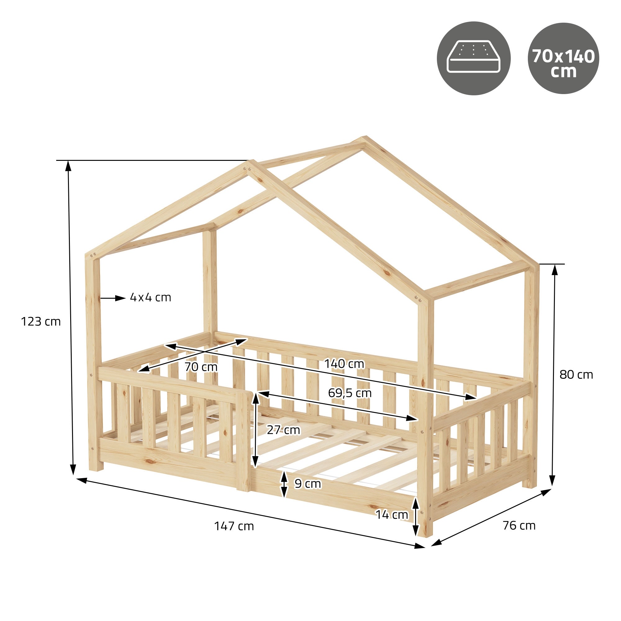 Casetta in legno con tetto, dimensioni in cm, design aperto con griglia.