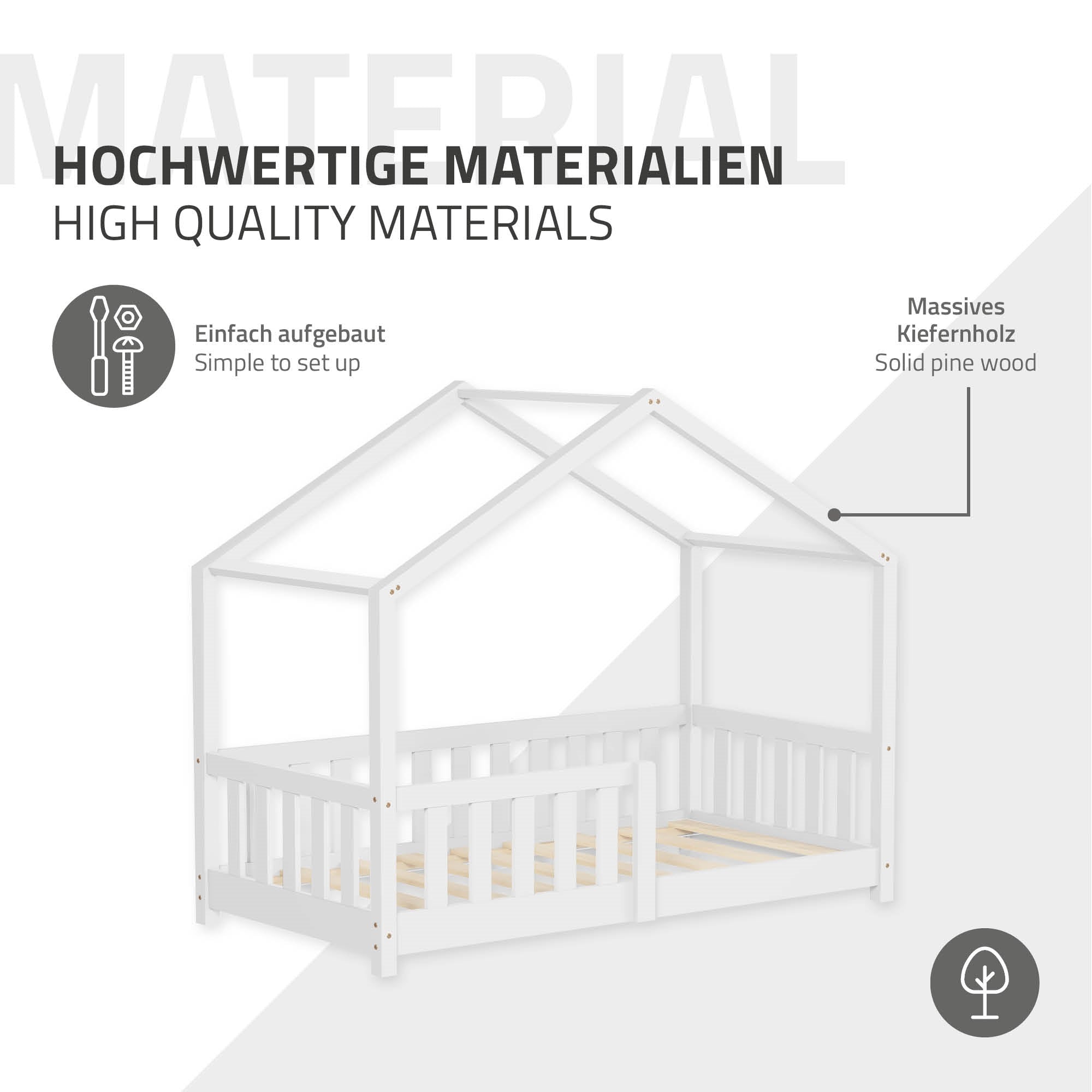 Bett aus massivem Kiefernholz mit Dachkonstruktion und Gitterseiten.