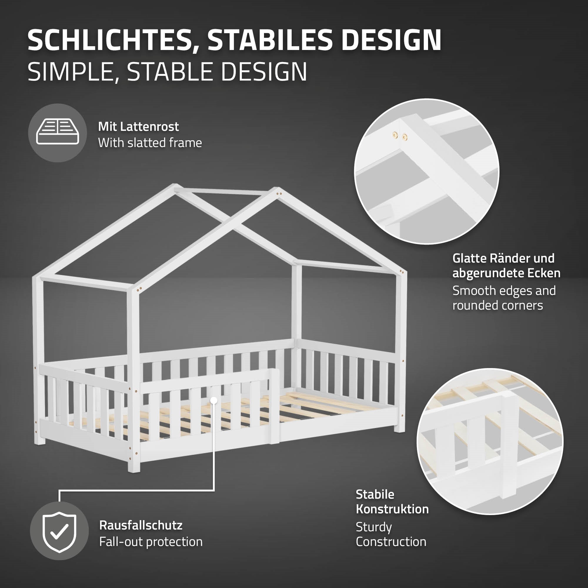Stabiles Design des Kinderbettes mit glatten Kanten.