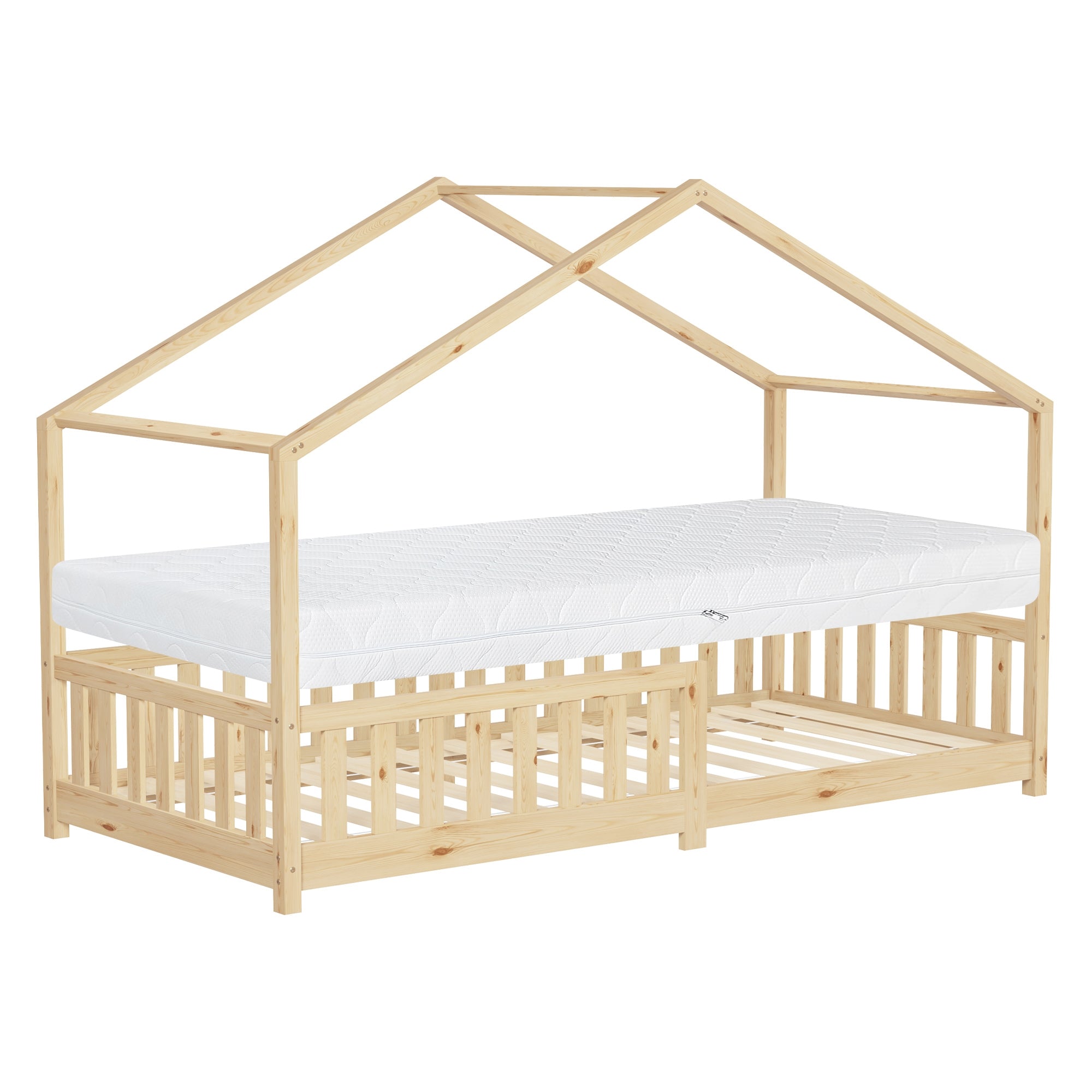 Ein Kinderbett in Hausform mit einer Matratze und einem offenen Untergestell.