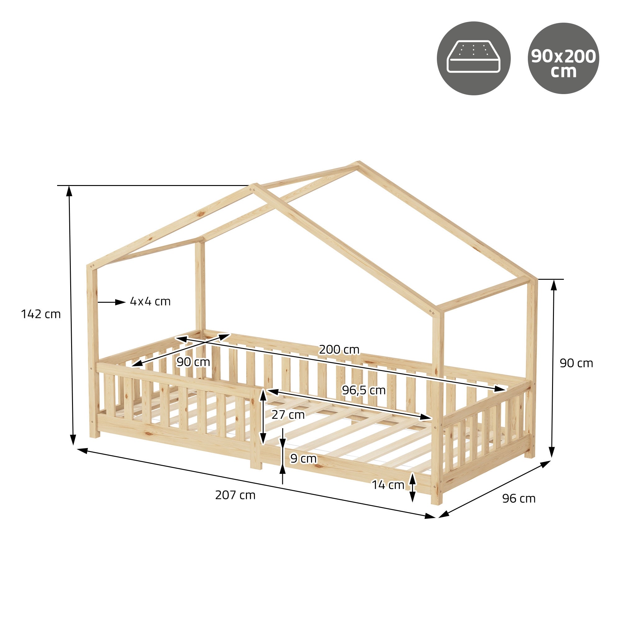 Letto per bambini in legno con misure e dettagli in una stanza.
